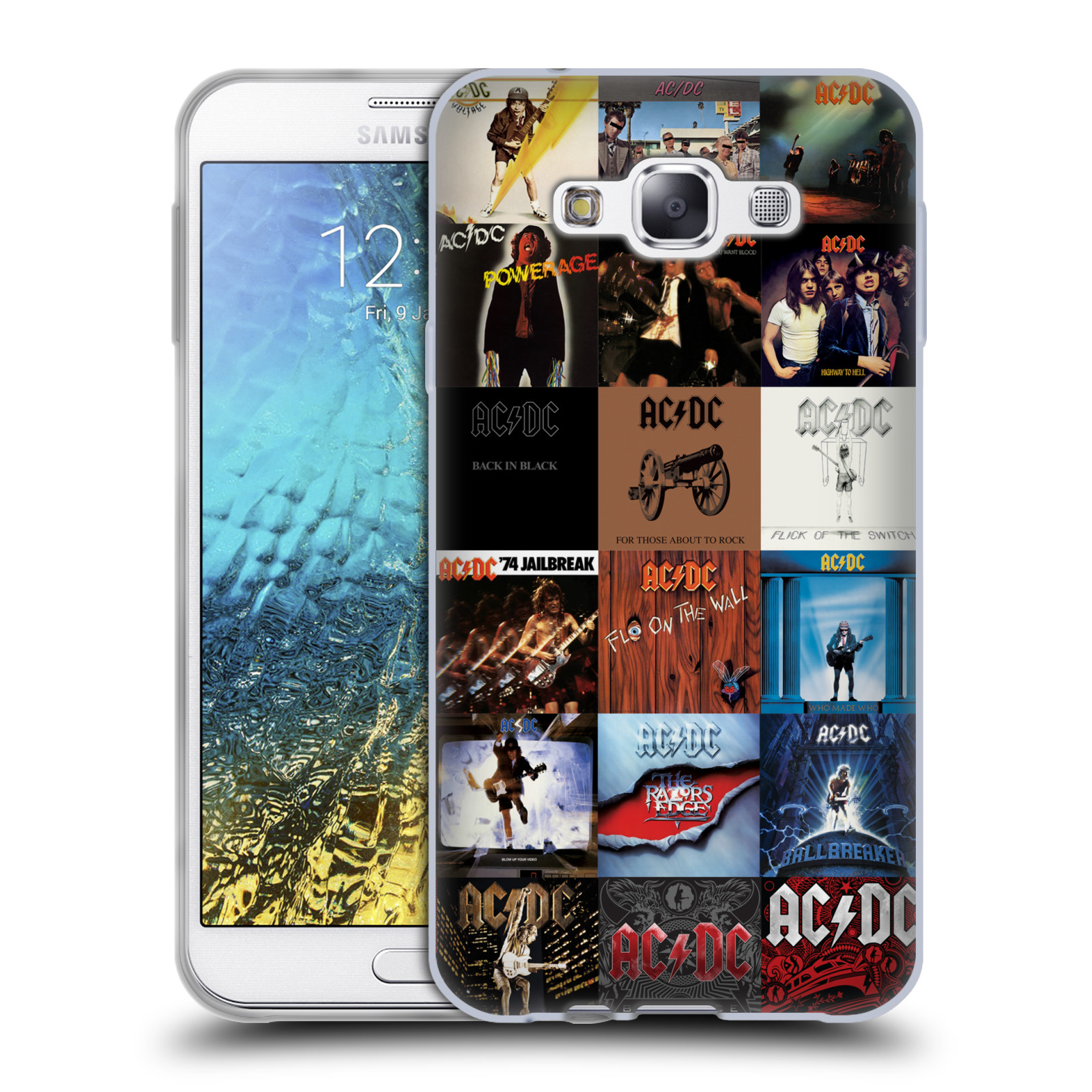 HEAD CASE silikonový obal na mobil Samsung Galaxy E7 rocková skupina ACDC seznam alba