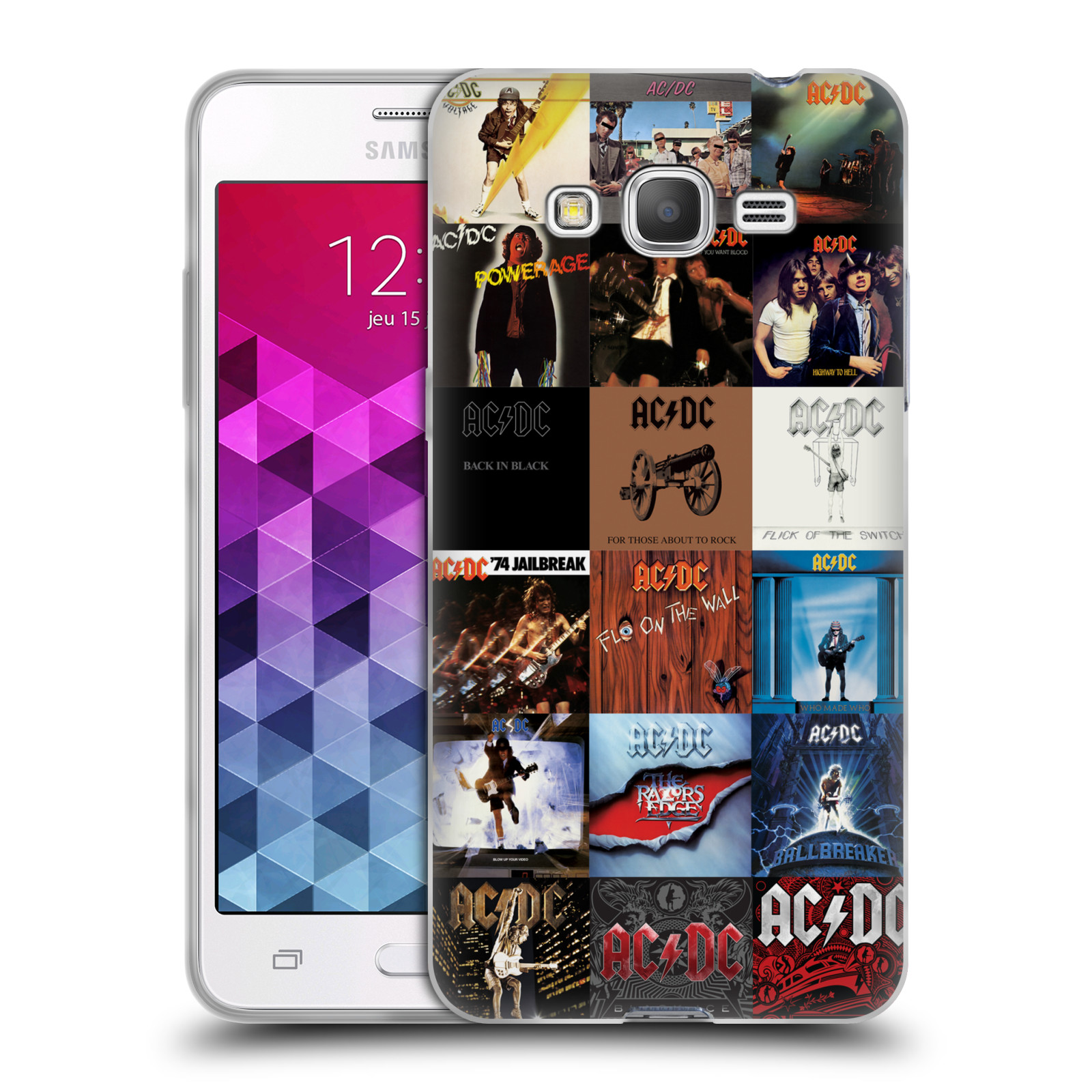 HEAD CASE silikonový obal na mobil Samsung Galaxy Grand Prime rocková skupina ACDC seznam alba