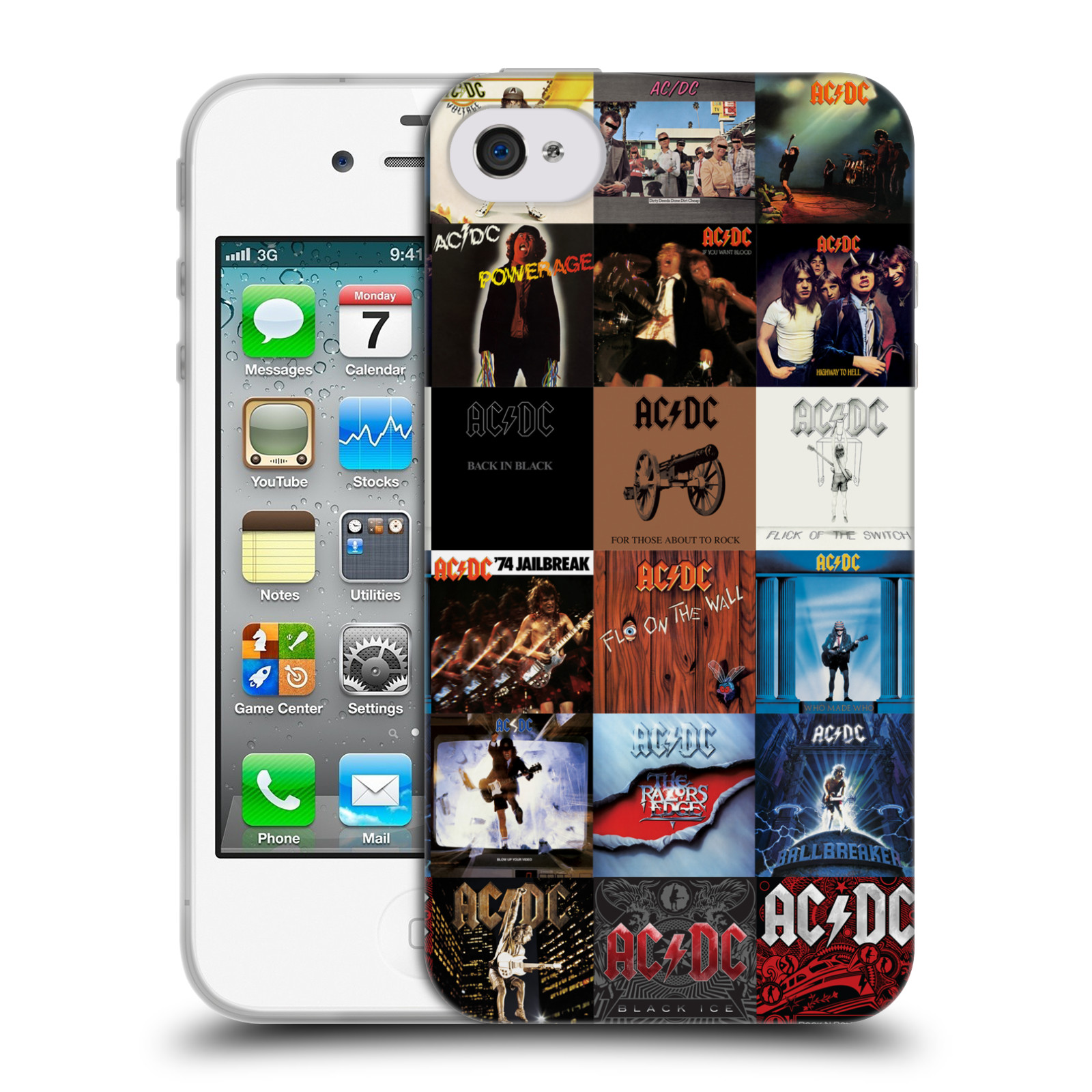 HEAD CASE silikonový obal na mobil Apple Iphone 4/4S rocková skupina ACDC seznam alba