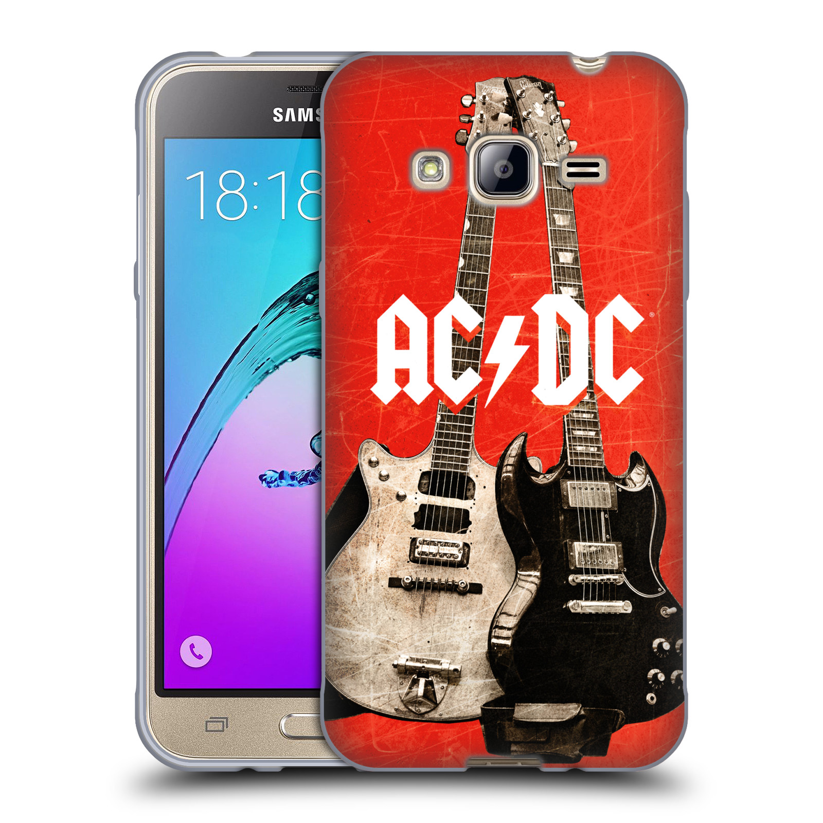 HEAD CASE silikonový obal na mobil Samsung Galaxy J3, J3 2016 rocková skupina ACDC kytara červená