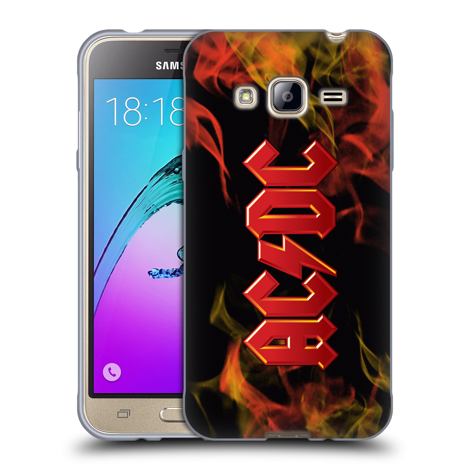 HEAD CASE silikonový obal na mobil Samsung Galaxy J3, J3 2016 rocková skupina ACDC logo plameny