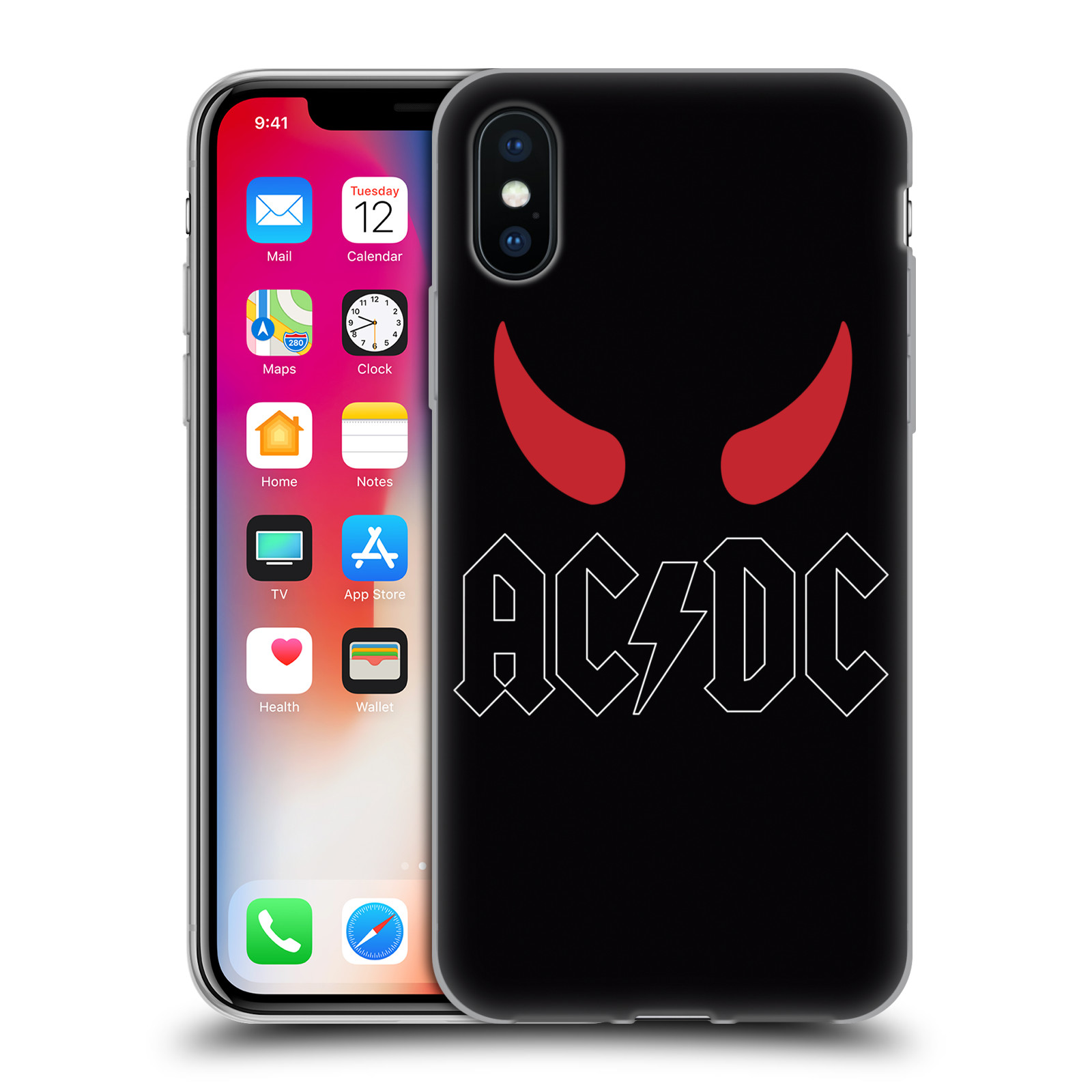 HEAD CASE silikonový obal na mobil Apple Iphone X rocková skupina ACDC logo červené rohy