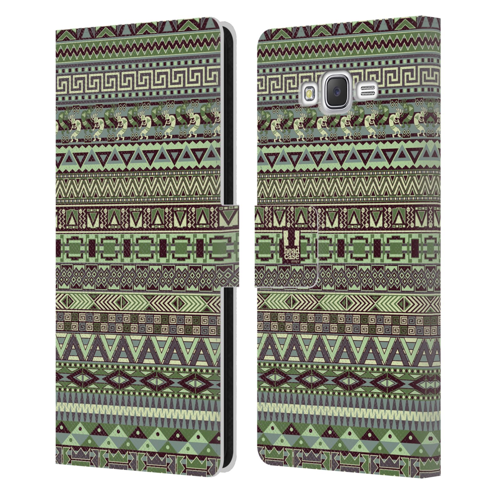 HEAD CASE Flipové pouzdro pro mobil Samsung Galaxy J7, J700 Indiánský vzor GREEN zelená