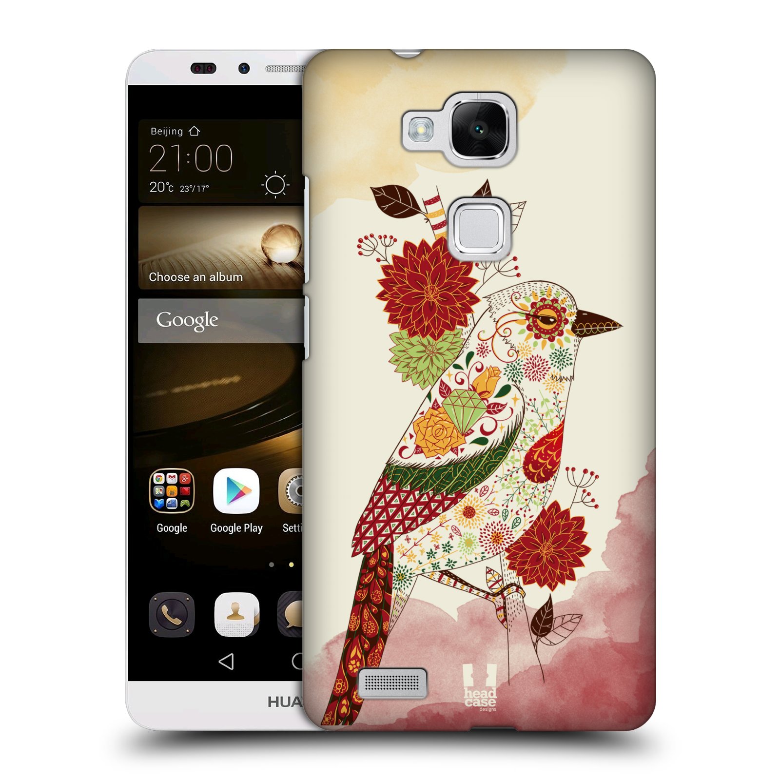HEAD CASE plastový obal na mobil Huawei Mate 7 vzor Květina ptáčci RUDÁ