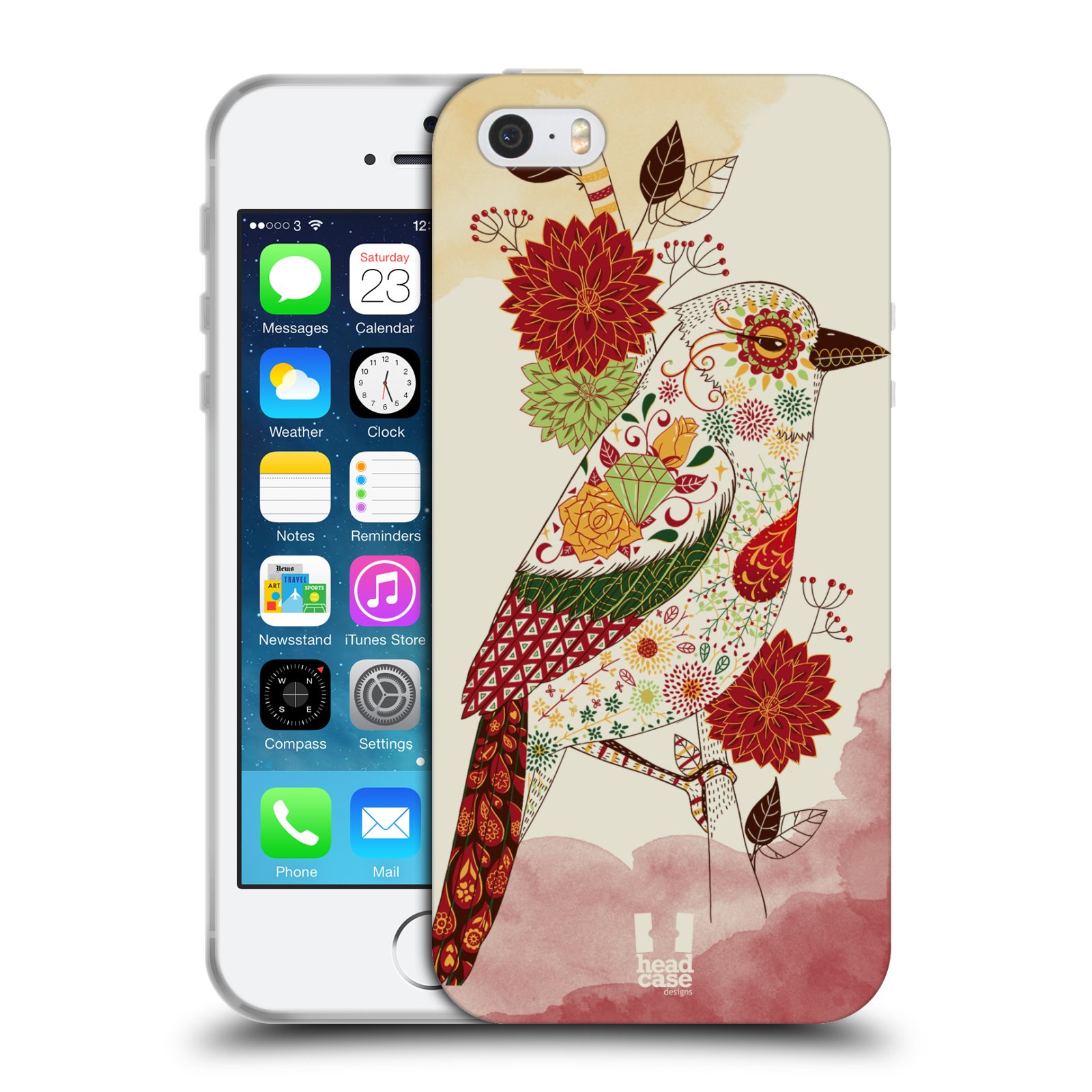 HEAD CASE silikonový obal na mobil Apple Iphone 5/5S vzor Květina ptáčci RUDÁ