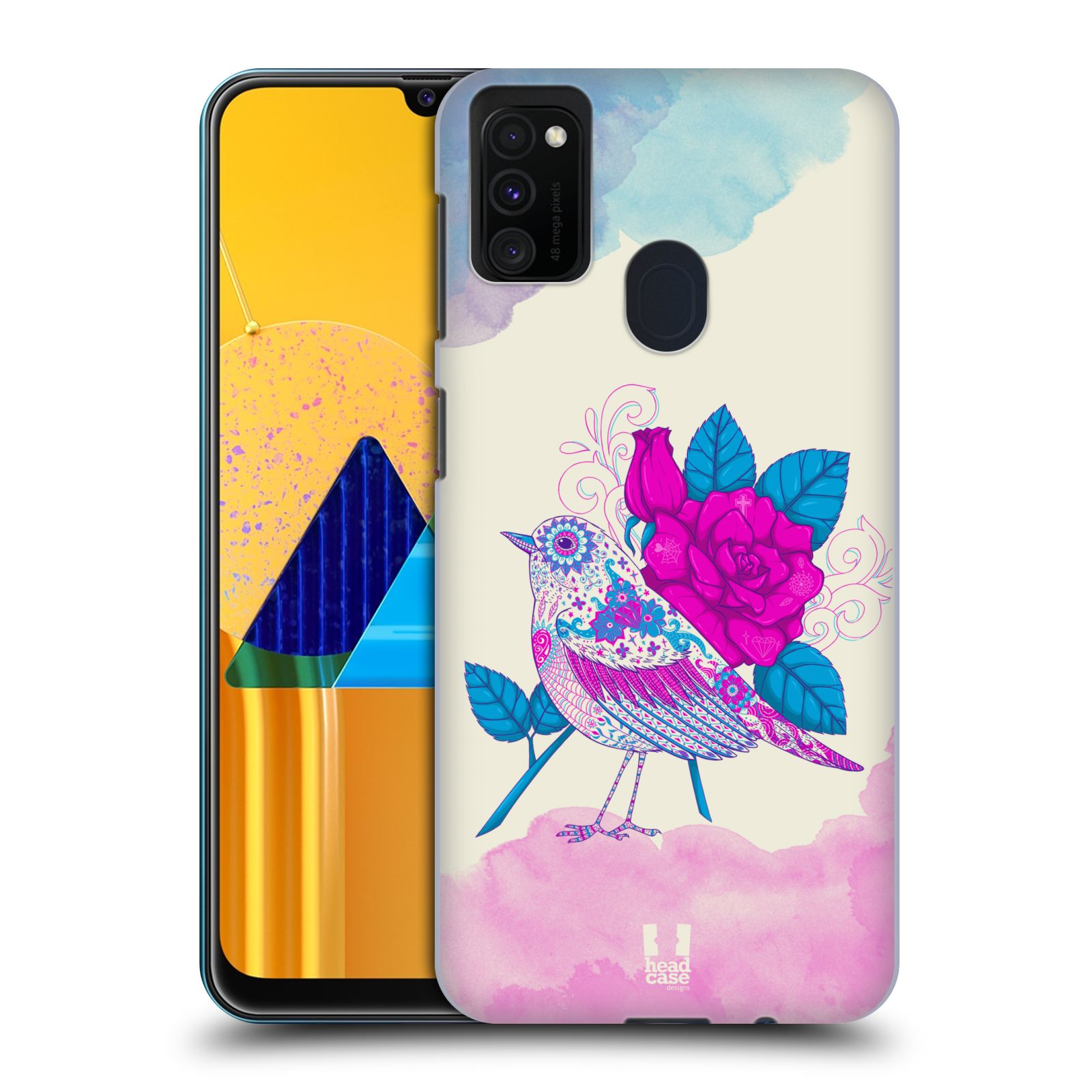 Zadní kryt na mobil Samsung Galaxy M21 vzor Květina ptáčci FIALOVÁ