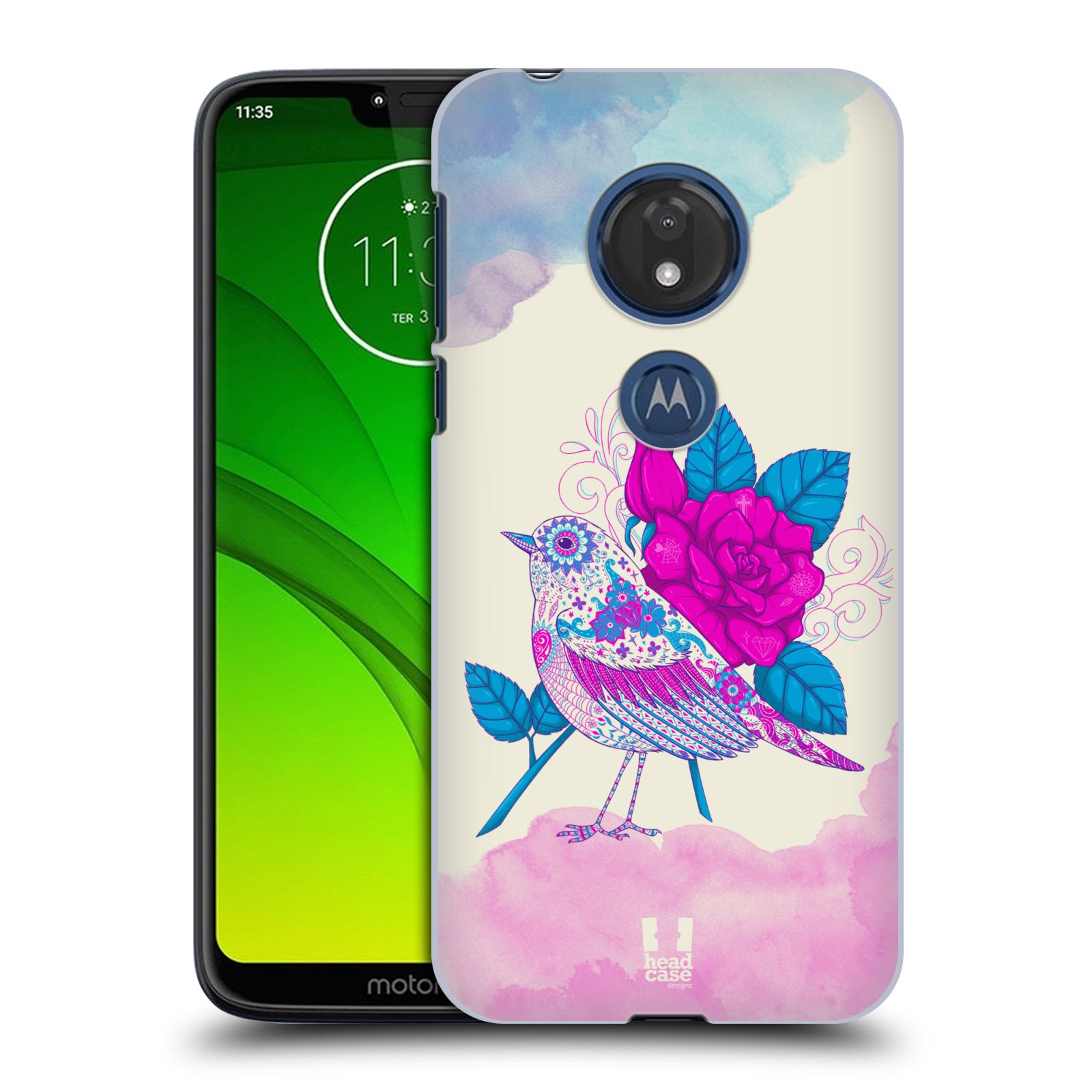 Pouzdro na mobil Motorola Moto G7 Play vzor Květina ptáčci FIALOVÁ