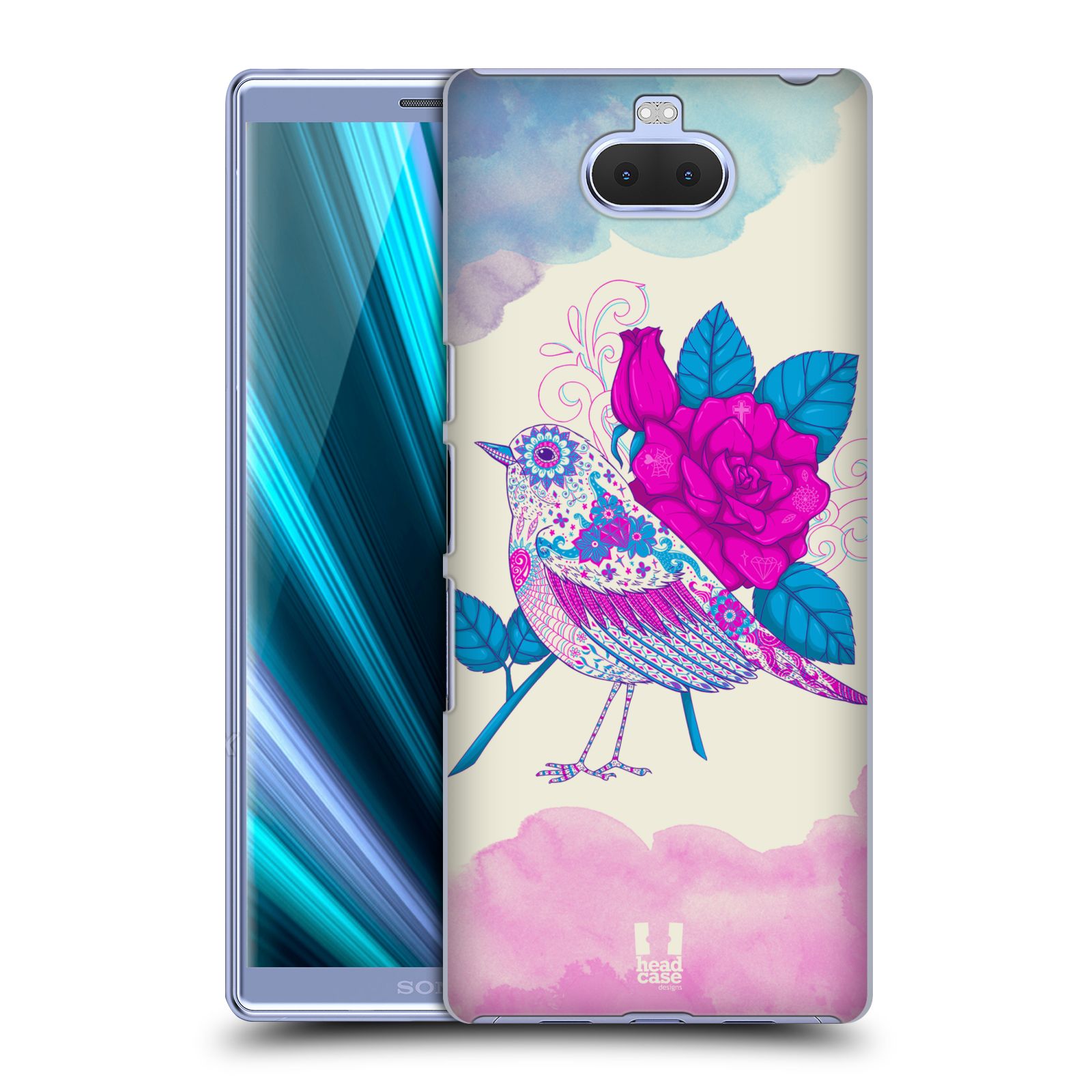 Pouzdro na mobil Sony Xperia 10 - Head Case - vzor Květina ptáčci FIALOVÁ