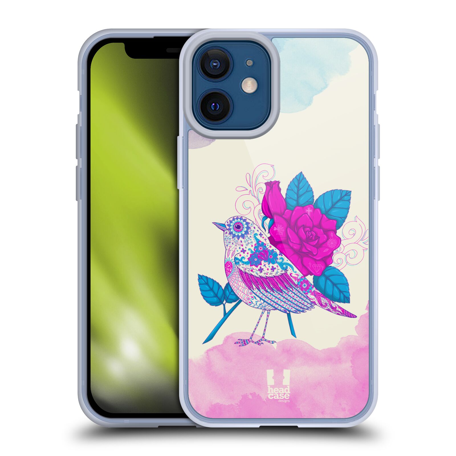 Plastový obal na mobil Apple Iphone 12 MINI vzor Květina ptáčci FIALOVÁ