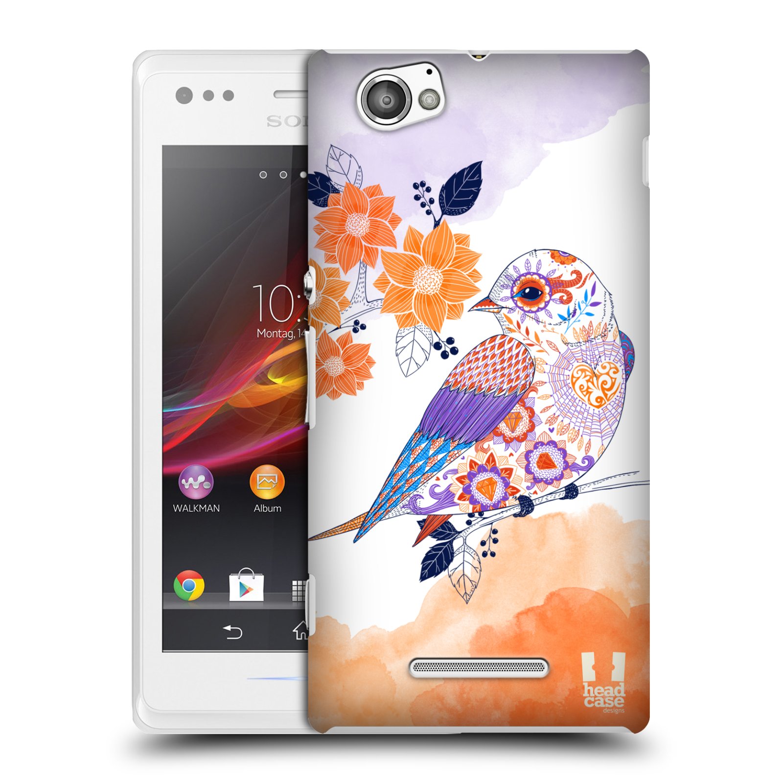 HEAD CASE plastový obal na mobil Sony Xperia M vzor Květina ptáčci ORANŽOVÁ