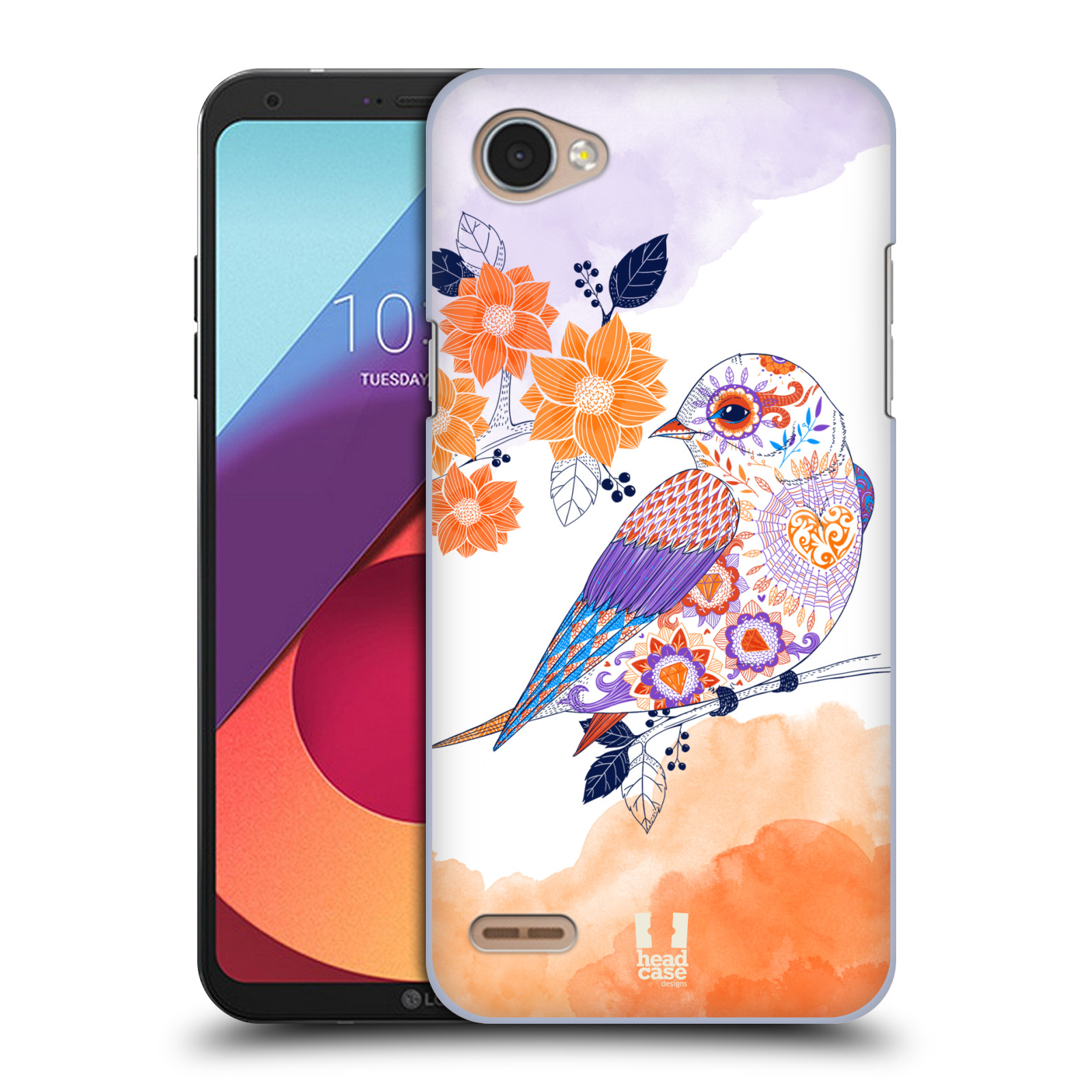 HEAD CASE plastový obal na mobil LG Q6 / Q6 PLUS vzor Květina ptáčci ORANŽOVÁ