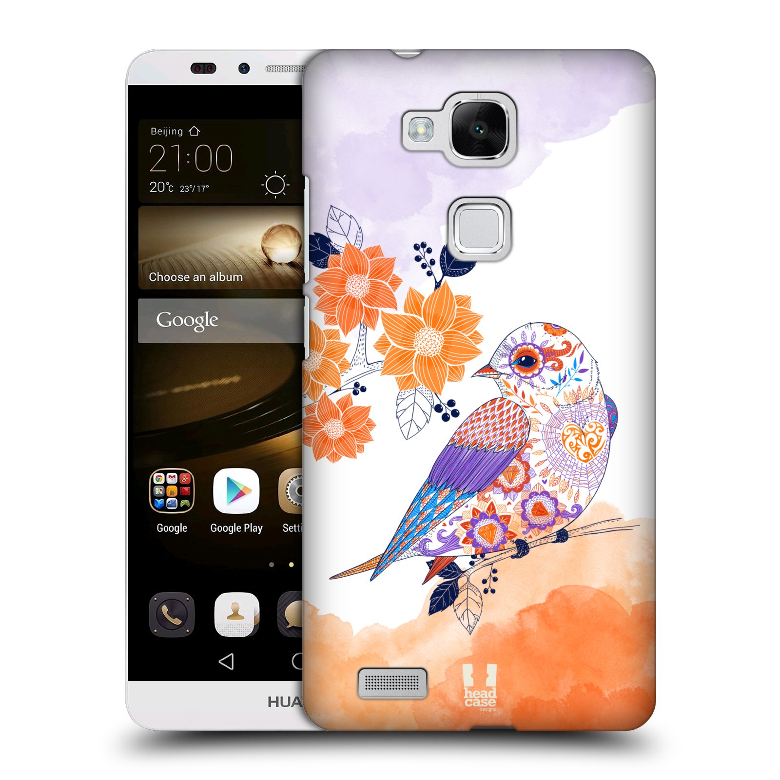 HEAD CASE plastový obal na mobil Huawei Mate 7 vzor Květina ptáčci ORANŽOVÁ