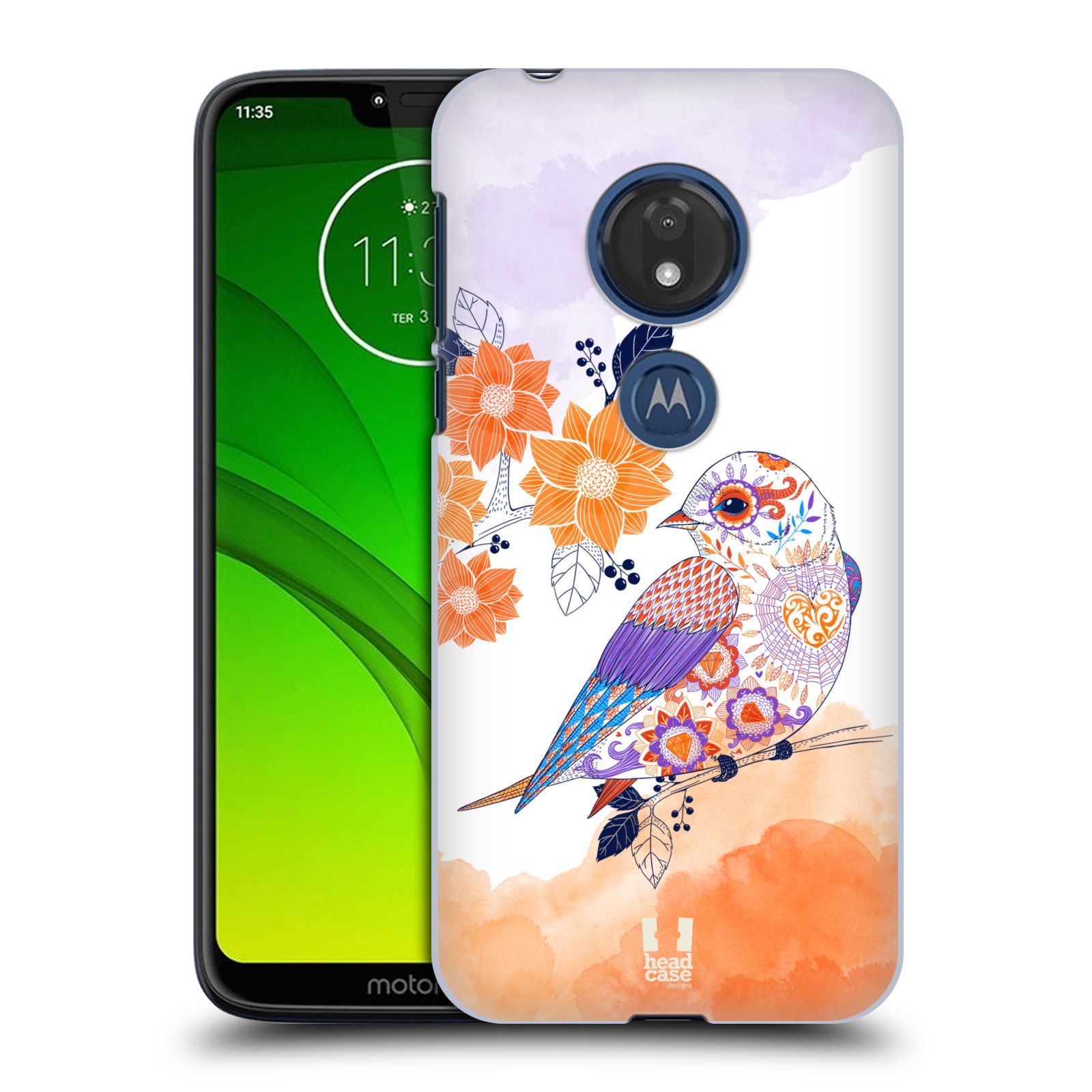 Pouzdro na mobil Motorola Moto G7 Play vzor Květina ptáčci ORANŽOVÁ