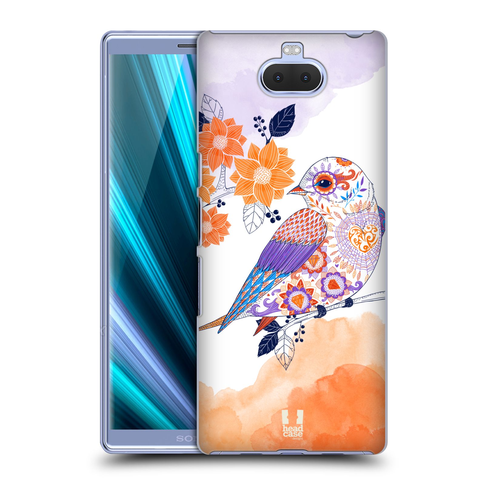 Pouzdro na mobil Sony Xperia 10 - Head Case - vzor Květina ptáčci ORANŽOVÁ