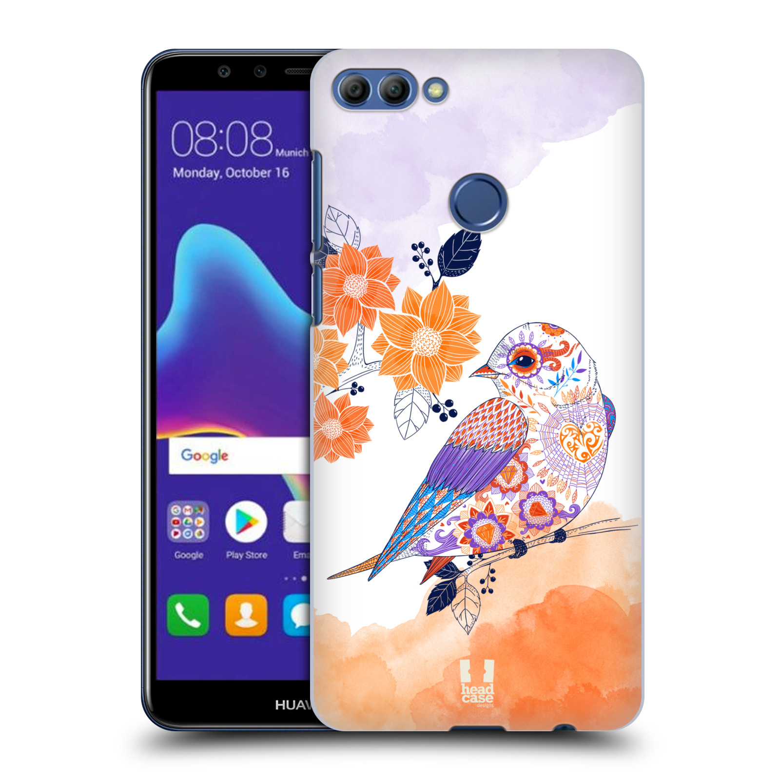 HEAD CASE plastový obal na mobil Huawei Y9 2018 vzor Květina ptáčci ORANŽOVÁ