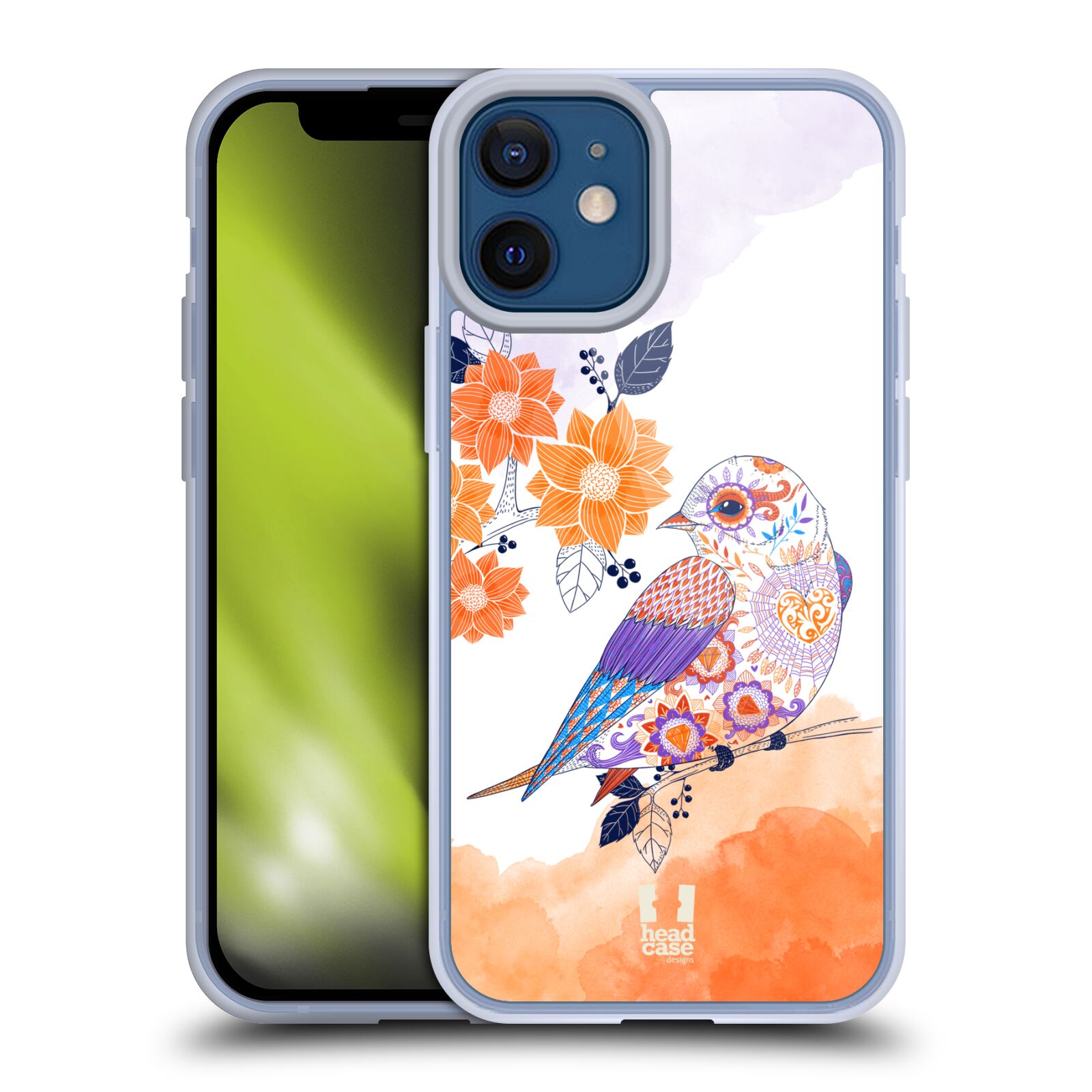Plastový obal na mobil Apple Iphone 12 MINI vzor Květina ptáčci ORANŽOVÁ