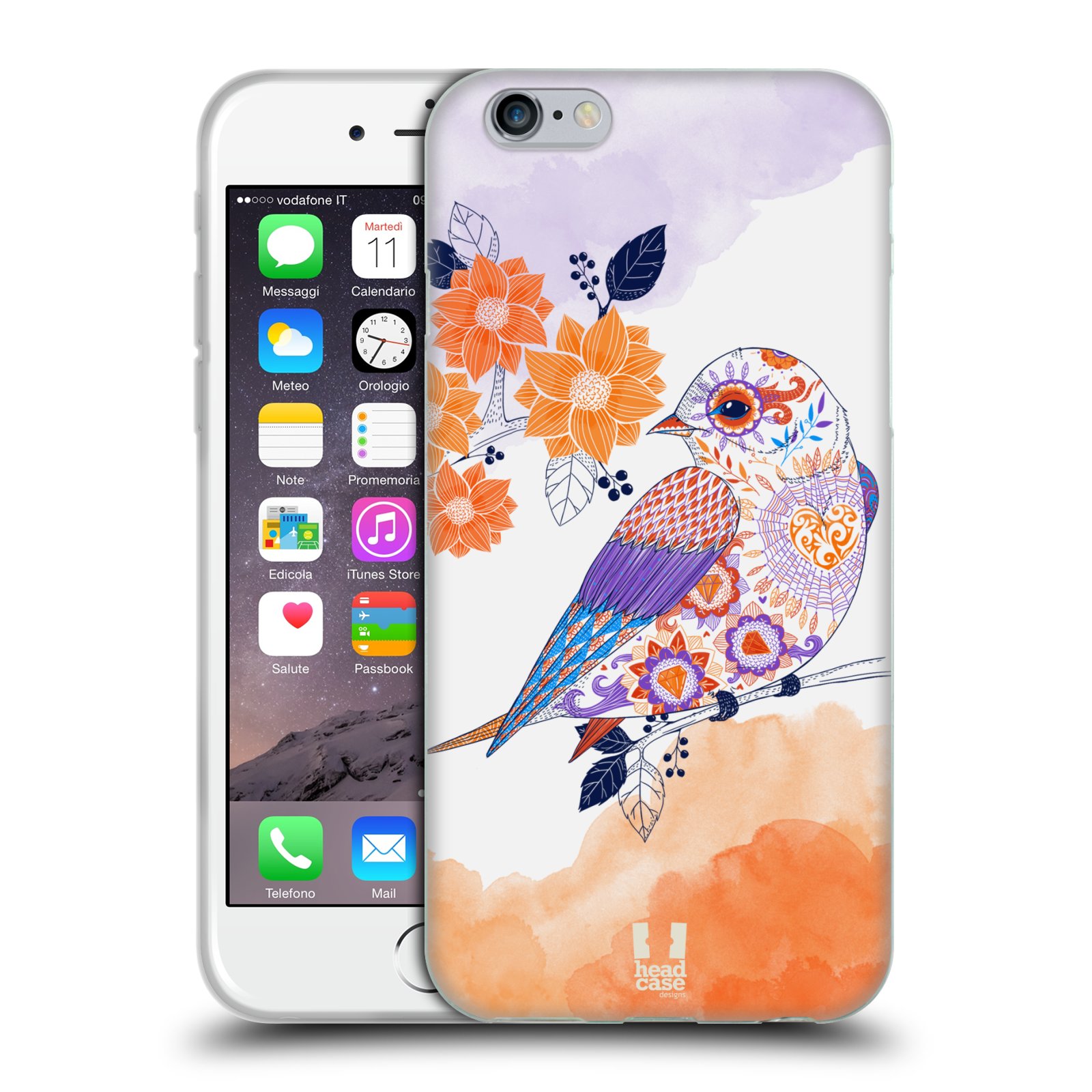HEAD CASE silikonový obal na mobil Apple Iphone 6/6S vzor Květina ptáčci ORANŽOVÁ