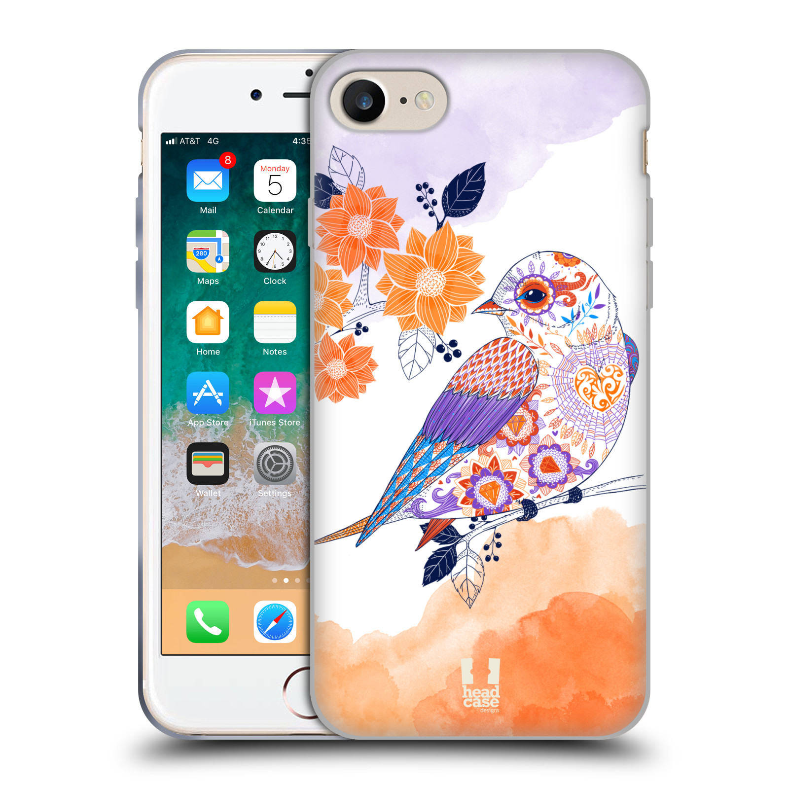 HEAD CASE silikonový obal na mobil Apple Iphone 8 vzor Květina ptáčci ORANŽOVÁ