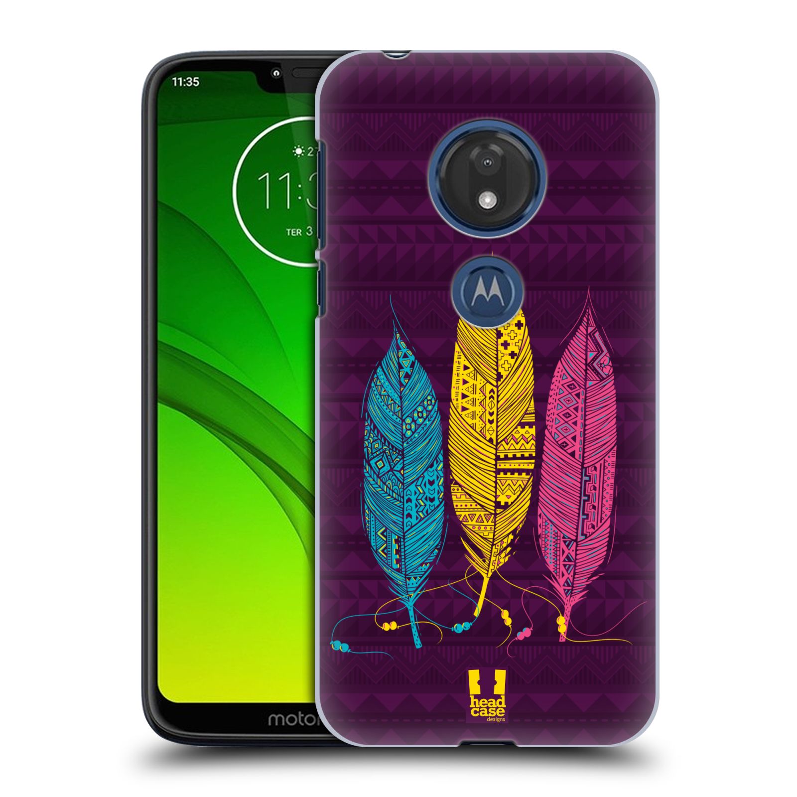 Pouzdro na mobil Motorola Moto G7 Play vzor Aztécká pírka žlutá, modrá, růžová