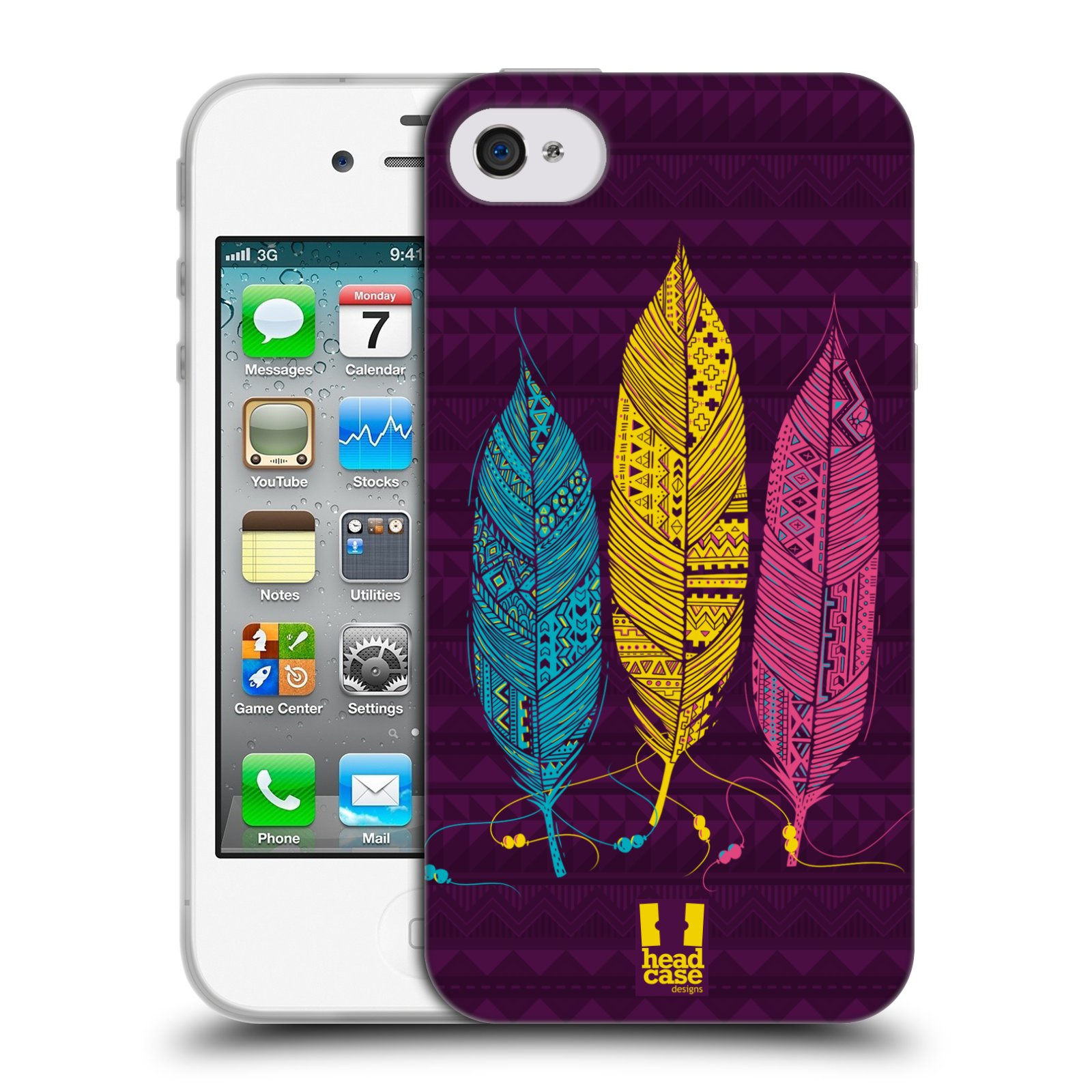 HEAD CASE silikonový obal na mobil Apple Iphone 4/4S vzor Aztécká pírka žlutá, modrá, růžová