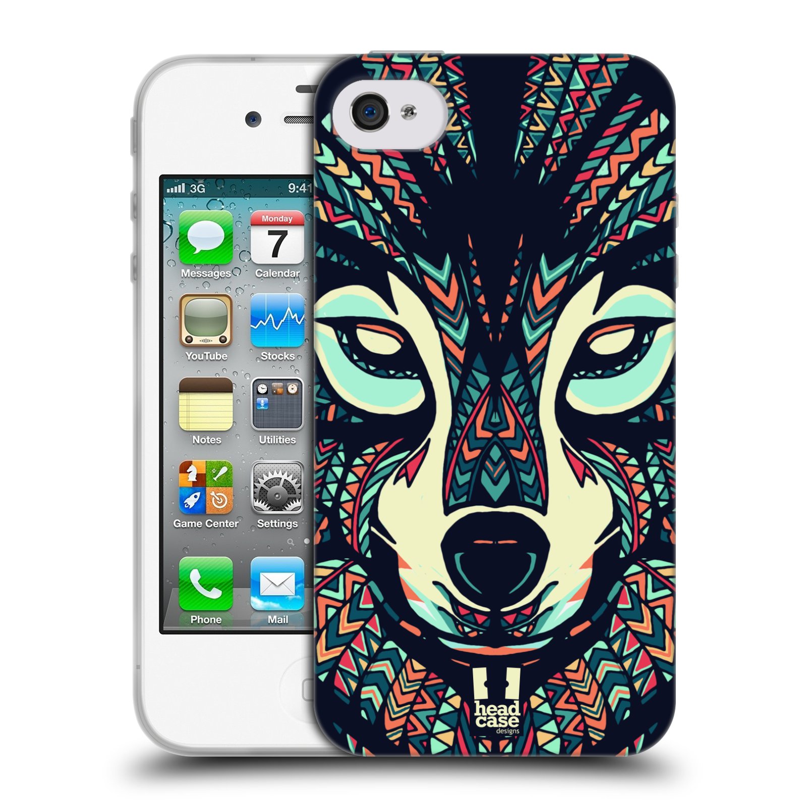 HEAD CASE silikonový obal na mobil Apple Iphone 4/4S vzor Aztécký motiv zvíře 3 vlk