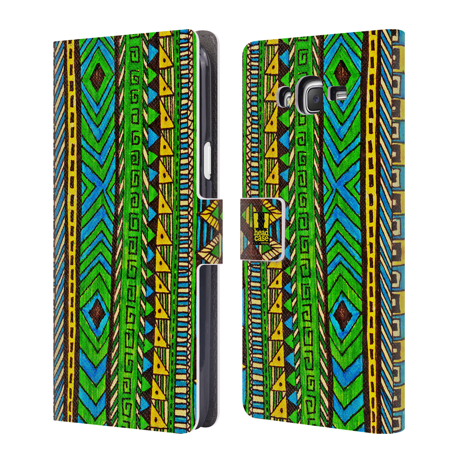 HEAD CASE Flipové pouzdro pro mobil Samsung Galaxy J7, J700 Barevná aztécká čmáranice zelená