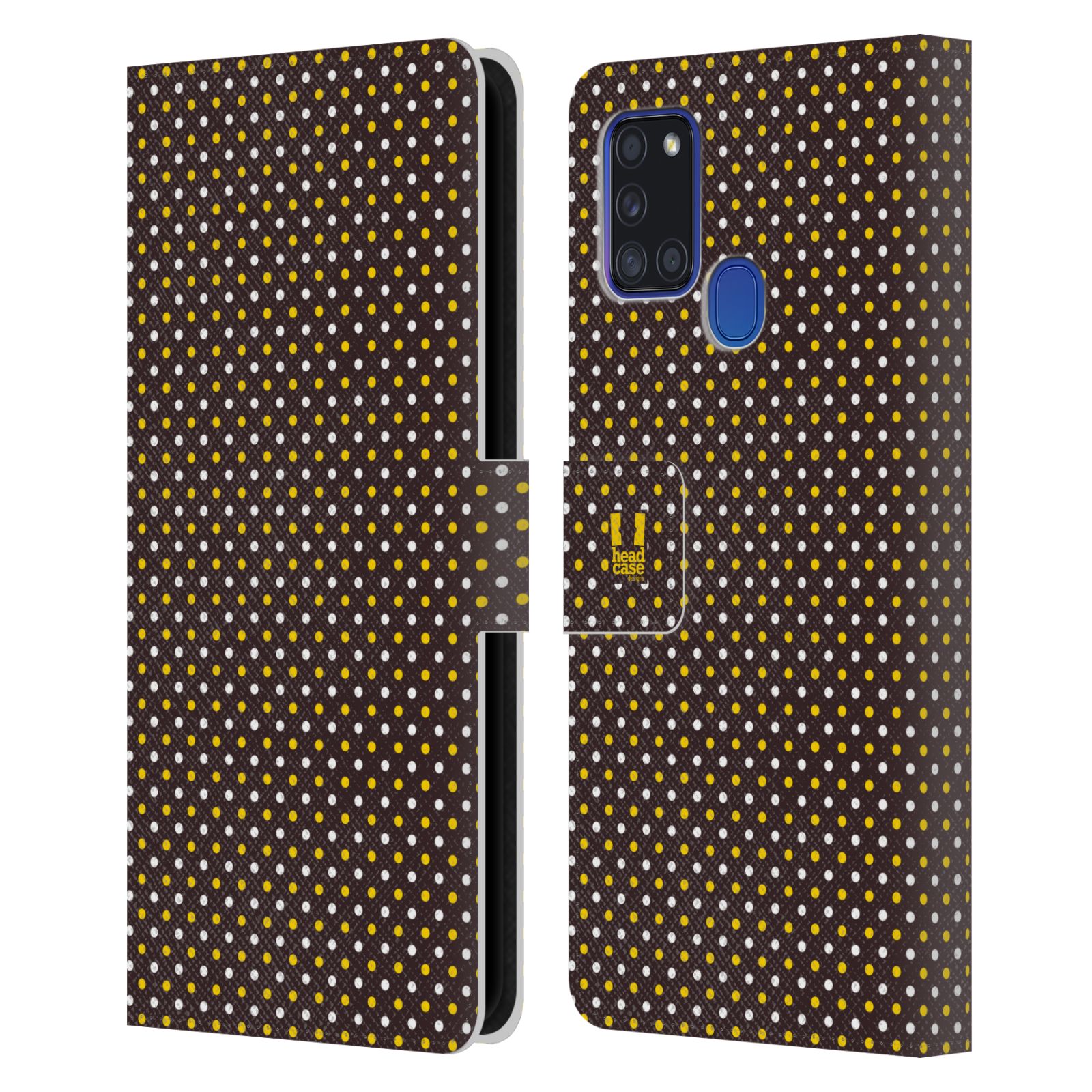 HEAD CASE Flipové pouzdro pro mobil Samsung Galaxy A21s VČELÍ VZOR puntíky hnědá a žlutá