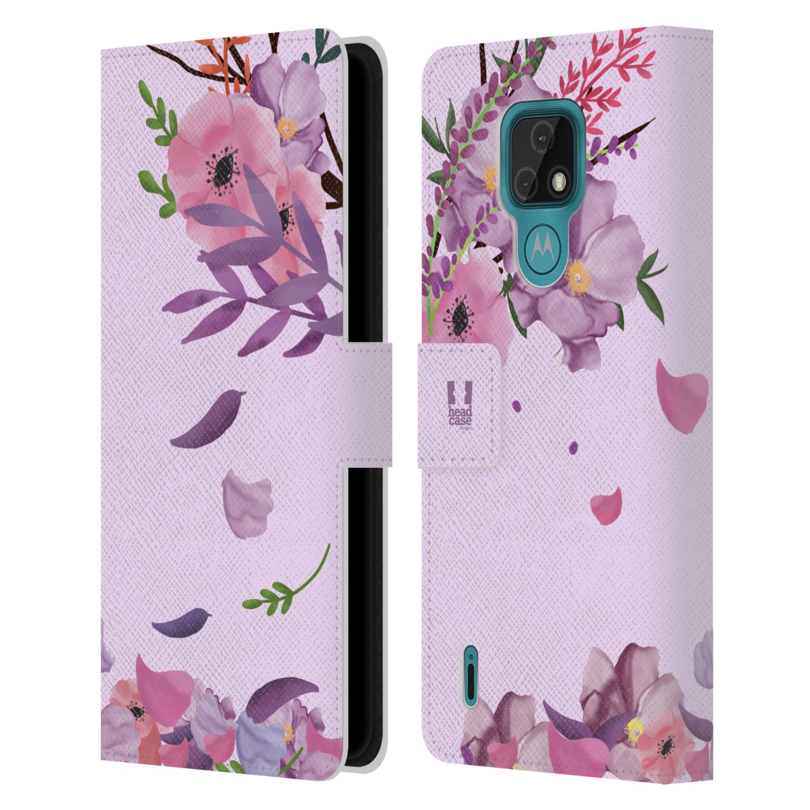 Pouzdro na mobil Motorola Moto E7 - HEAD CASE - Rozkvetlé růže a listy růžová