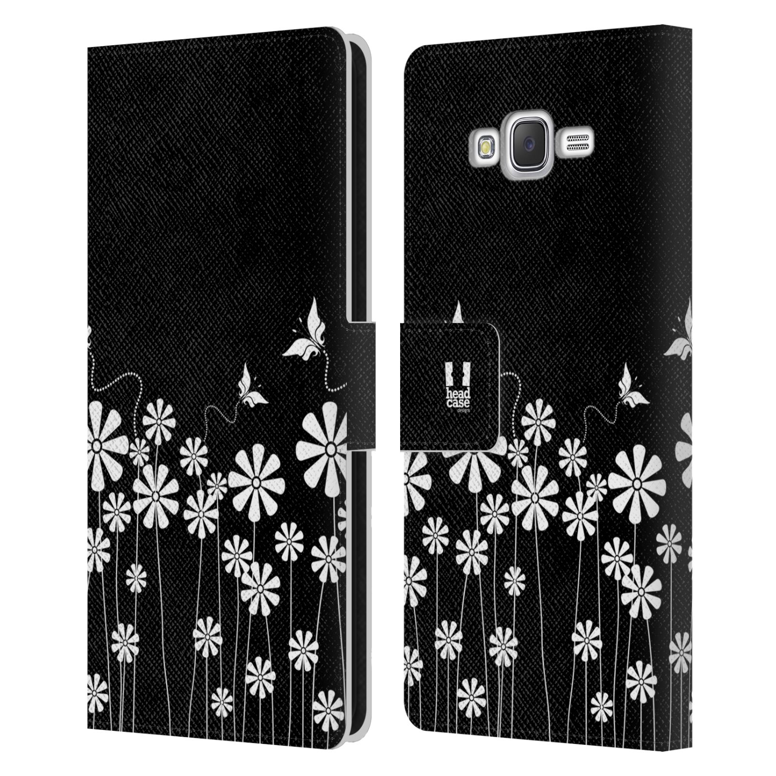 HEAD CASE Flipové pouzdro pro mobil Samsung Galaxy J7, J700 ČERNOBÍLÁ KVĚTINA motýl