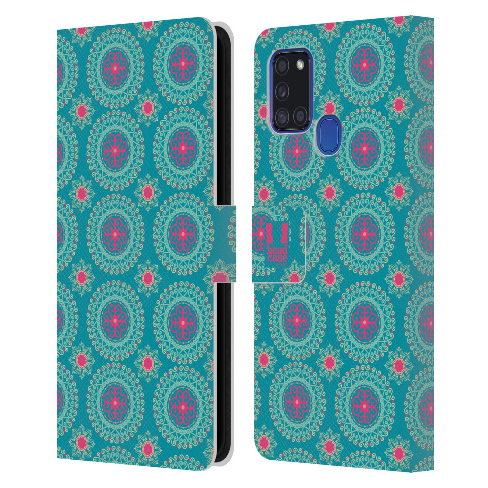 HEAD CASE Flipové pouzdro pro mobil Samsung Galaxy A21s Slovanský vzor modrá/tyrkysová barva kaleidoskop