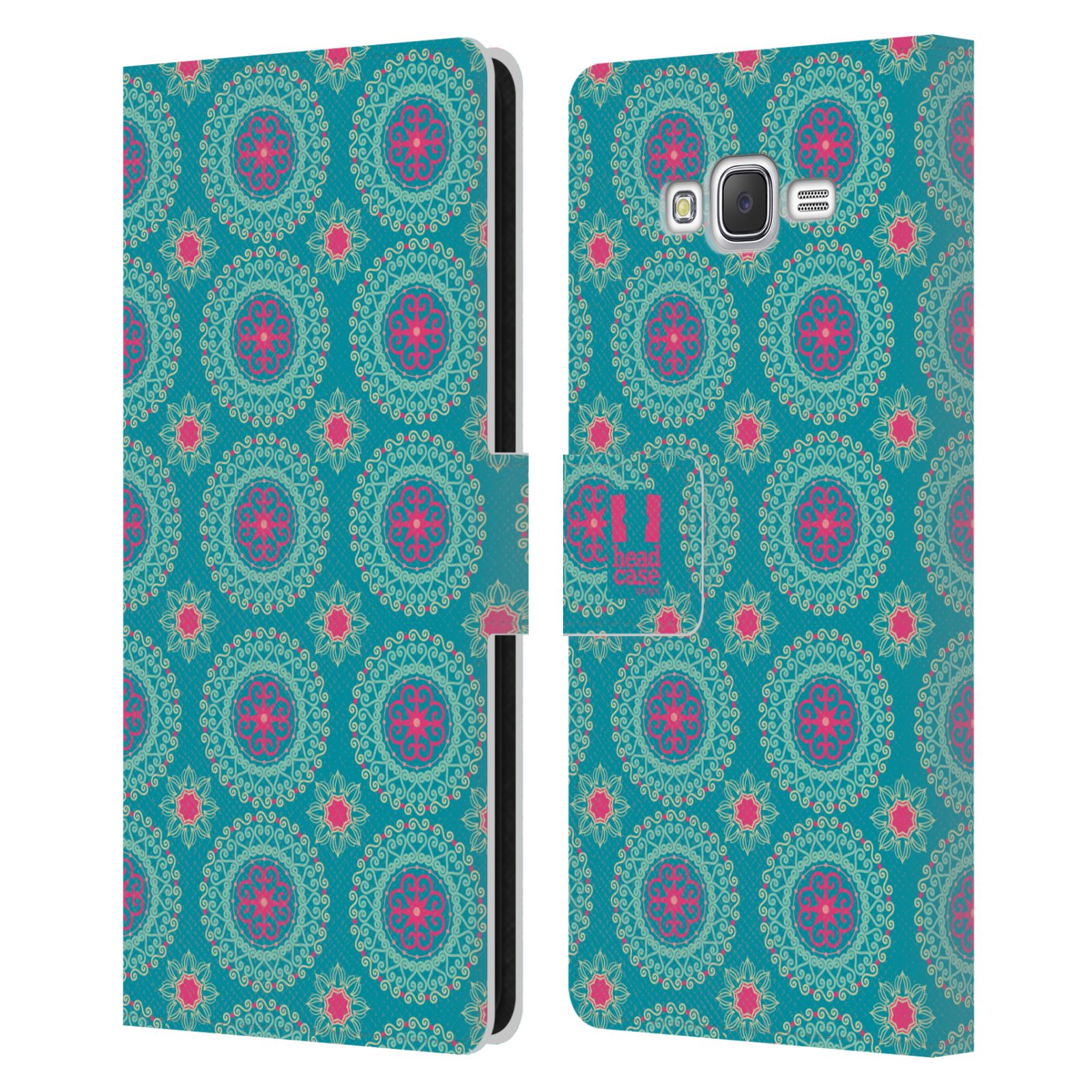 HEAD CASE Flipové pouzdro pro mobil Samsung Galaxy J7, J700 Slovanský vzor modrá/tyrkysová barva kaleidoskop