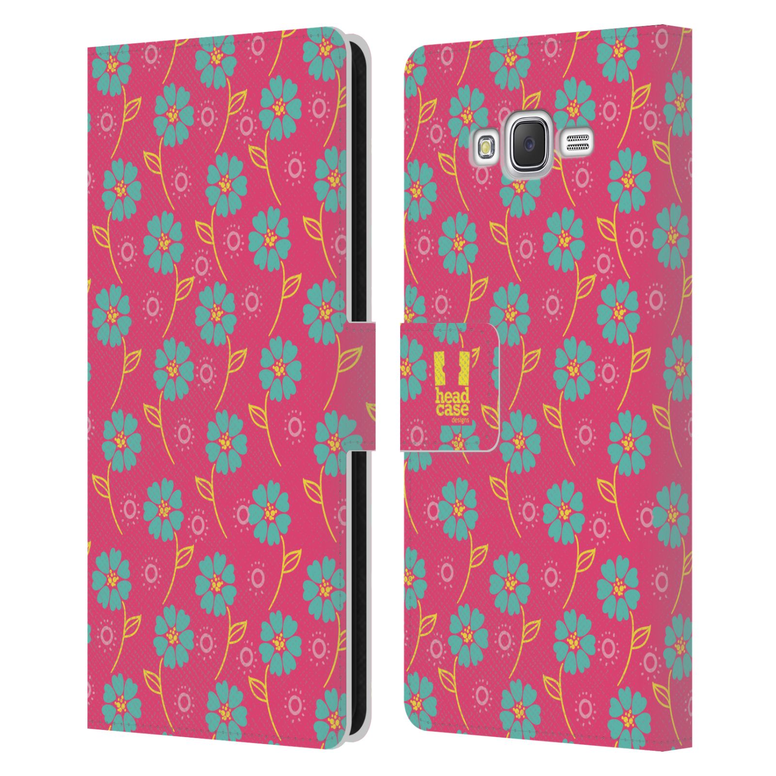 HEAD CASE Flipové pouzdro pro mobil Samsung Galaxy J7, J700 Slovanský vzor růžová a modrá květiny