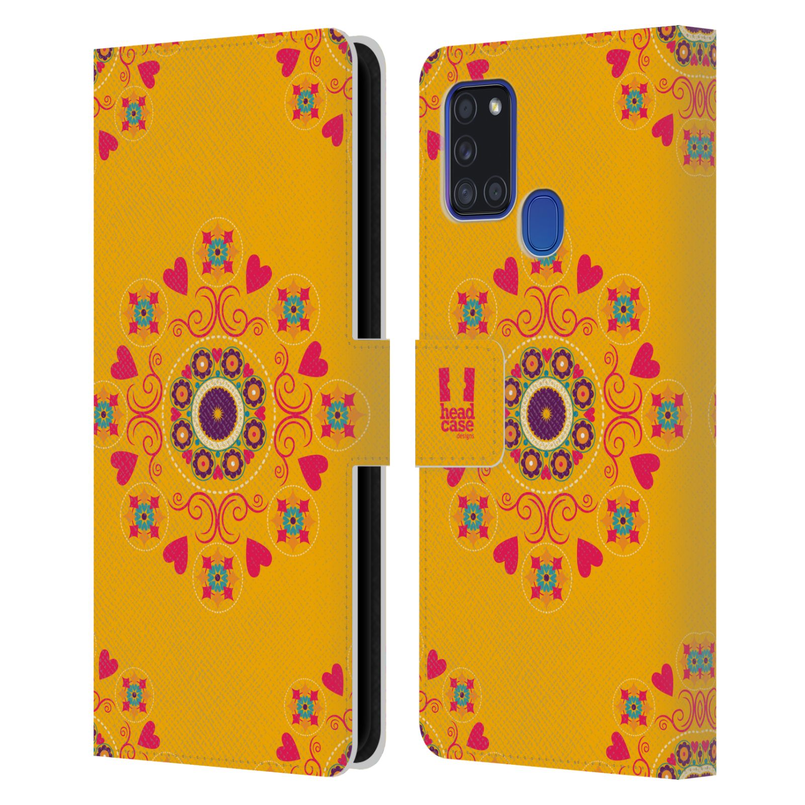 HEAD CASE Flipové pouzdro pro mobil Samsung Galaxy A21s Slovanský vzor květiny a srdíčka žlutá