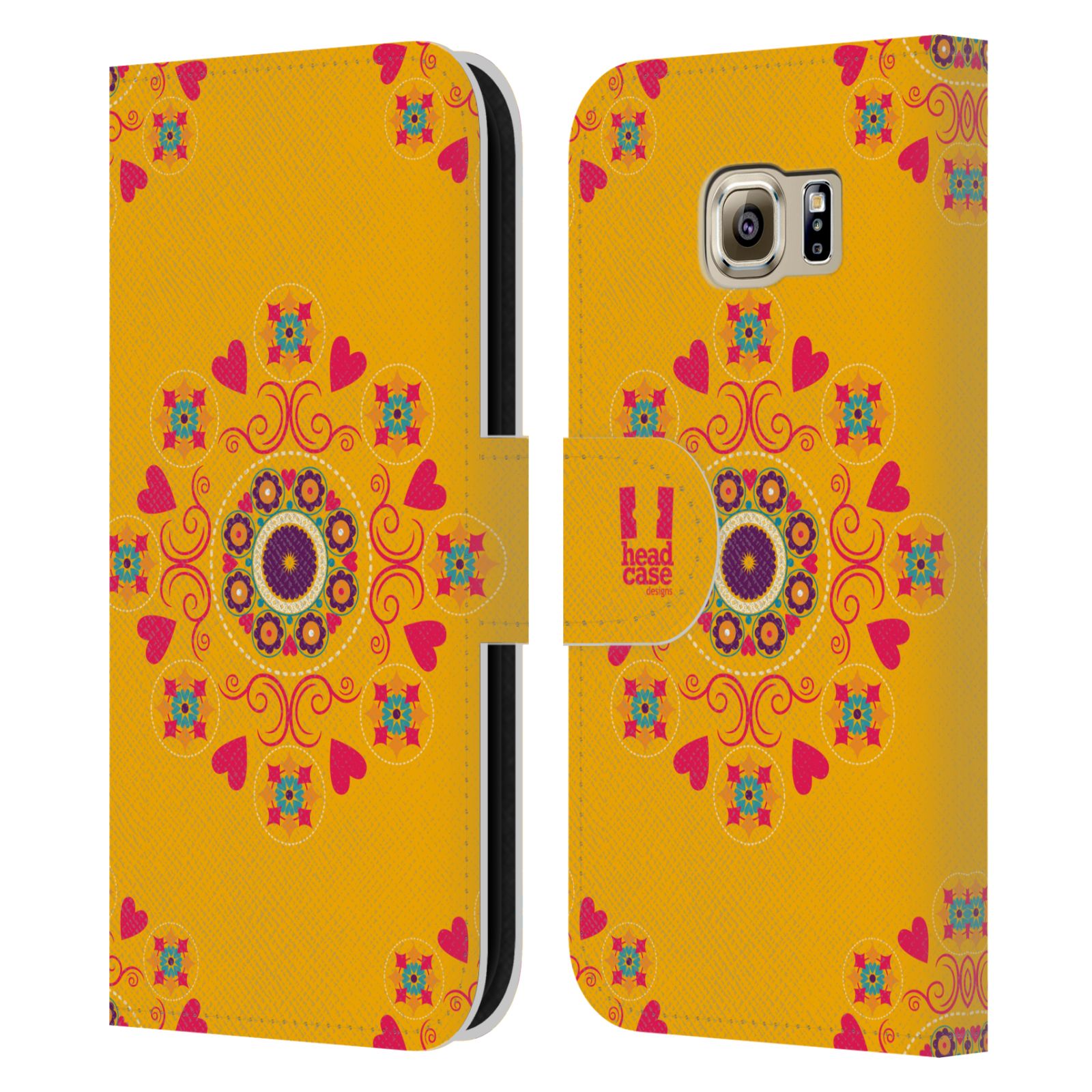 HEAD CASE Flipové pouzdro pro mobil Samsung Galaxy S6 (G9200) Slovanský vzor květiny a srdíčka žlutá