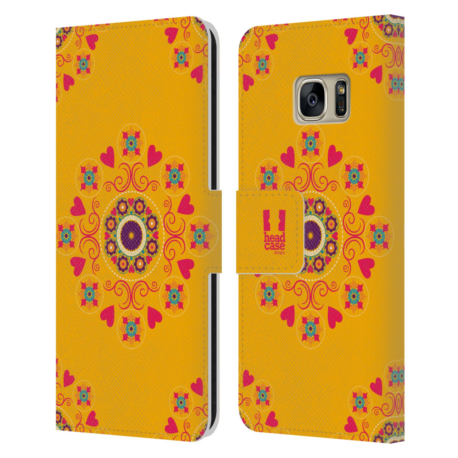 HEAD CASE Flipové pouzdro pro mobil Samsung Galaxy S7 (G9300) Slovanský vzor květiny a srdíčka žlutá