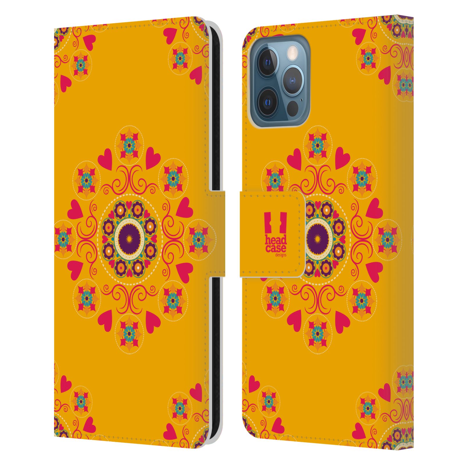 HEAD CASE Flipové pouzdro pro mobil Apple Iphone 12 / Iphone 12 PRO Slovanský vzor květiny a srdíčka žlutá