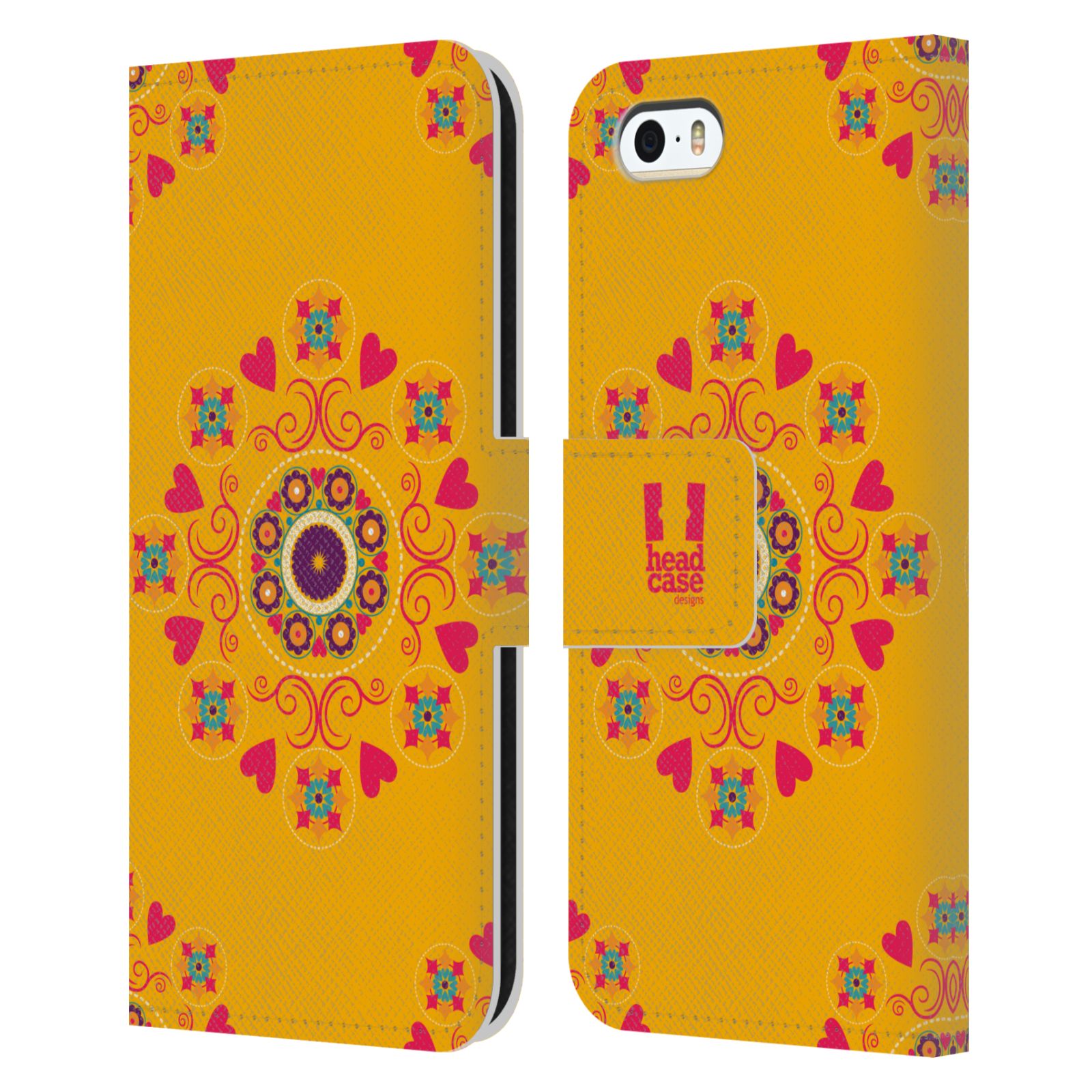 HEAD CASE Flipové pouzdro pro mobil Apple Iphone 5/5s Slovanský vzor květiny a srdíčka žlutá