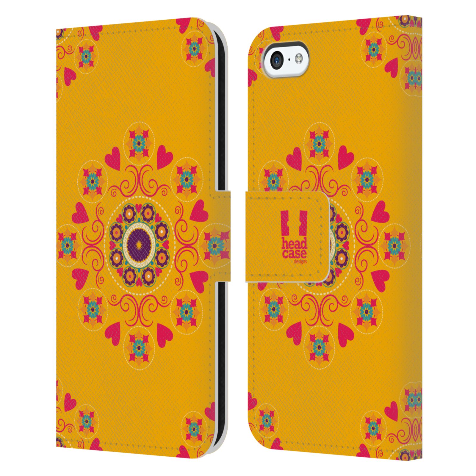 HEAD CASE Flipové pouzdro pro mobil Apple Iphone 5C Slovanský vzor květiny a srdíčka žlutá