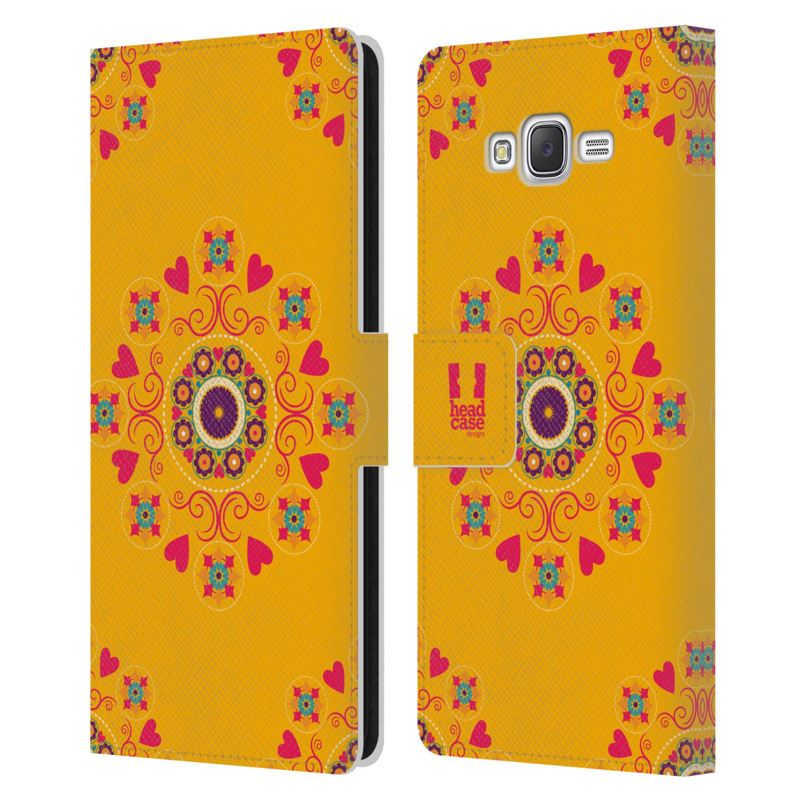 HEAD CASE Flipové pouzdro pro mobil Samsung Galaxy J7, J700 Slovanský vzor květiny a srdíčka žlutá