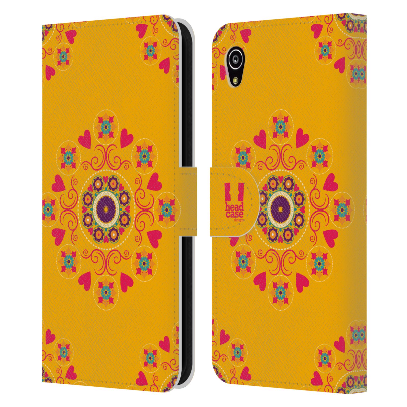 HEAD CASE Flipové pouzdro pro mobil SONY XPERIA M4 AQUA Slovanský vzor květiny a srdíčka žlutá