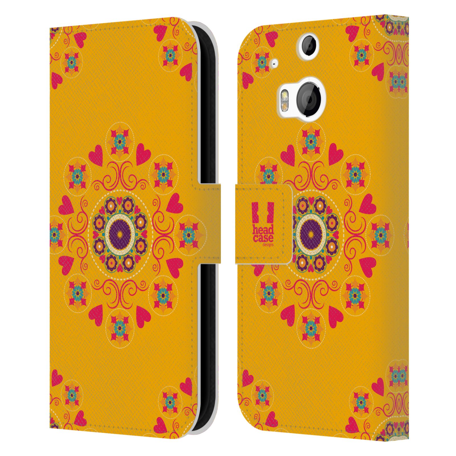 HEAD CASE Flipové pouzdro pro mobil HTC ONE (M8, M8s) Slovanský vzor květiny a srdíčka žlutá