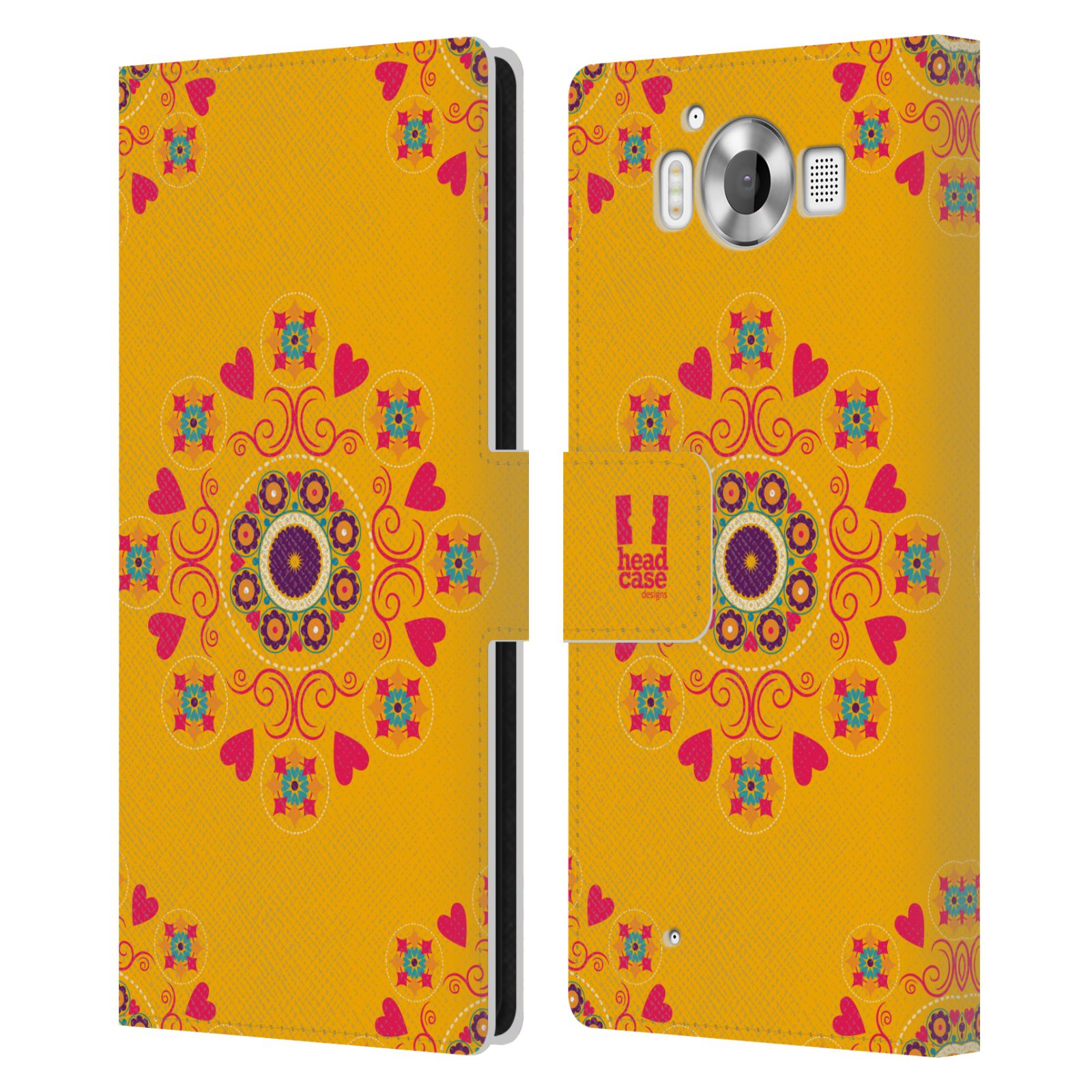 HEAD CASE Flipové pouzdro pro mobil Microsoft Lumia 950 / LUMIA 950 DUAL SIM Slovanský vzor květiny a srdíčka žlutá