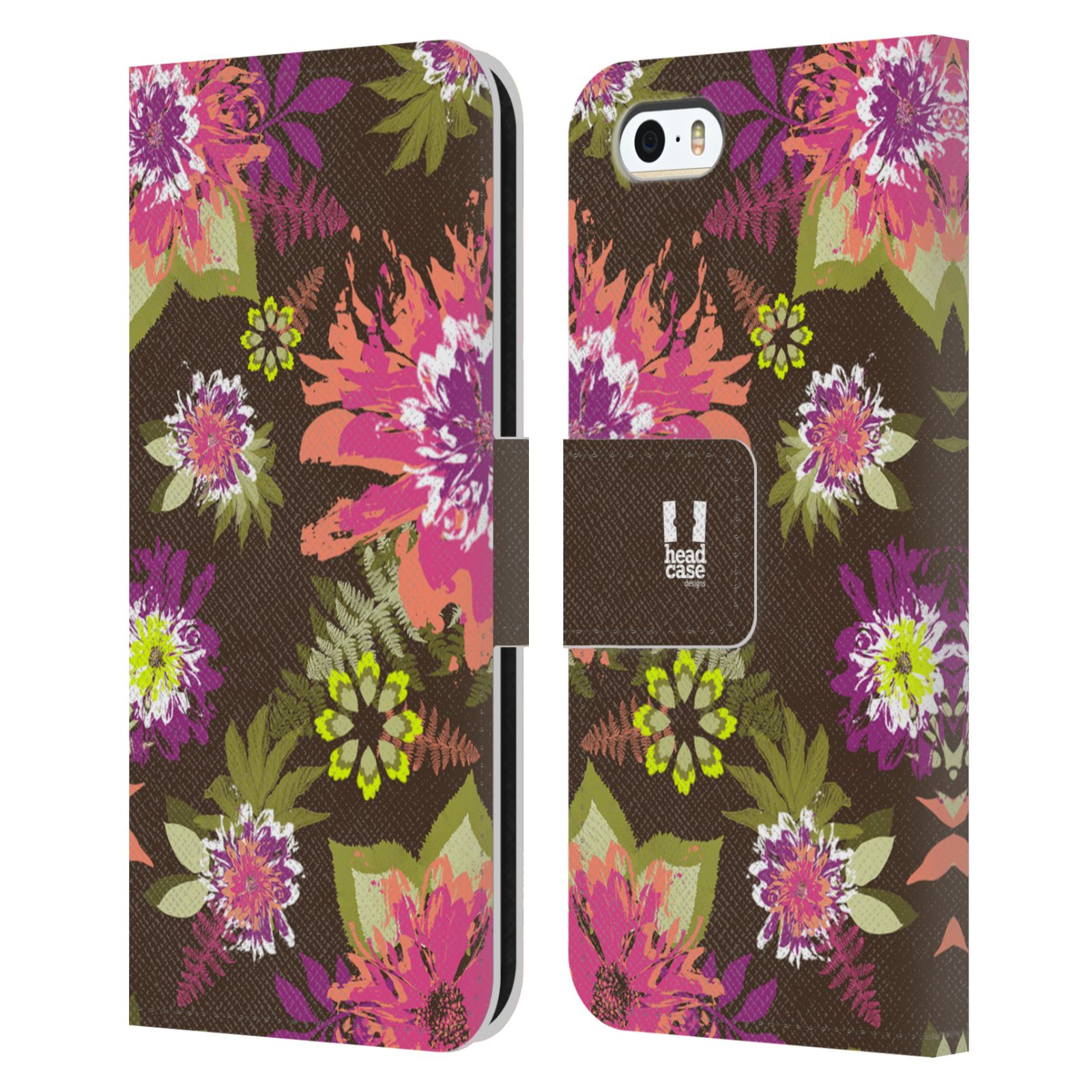 HEAD CASE Flipové pouzdro pro mobil Apple Iphone 5/5s BOTANIKA barevné květy zelená