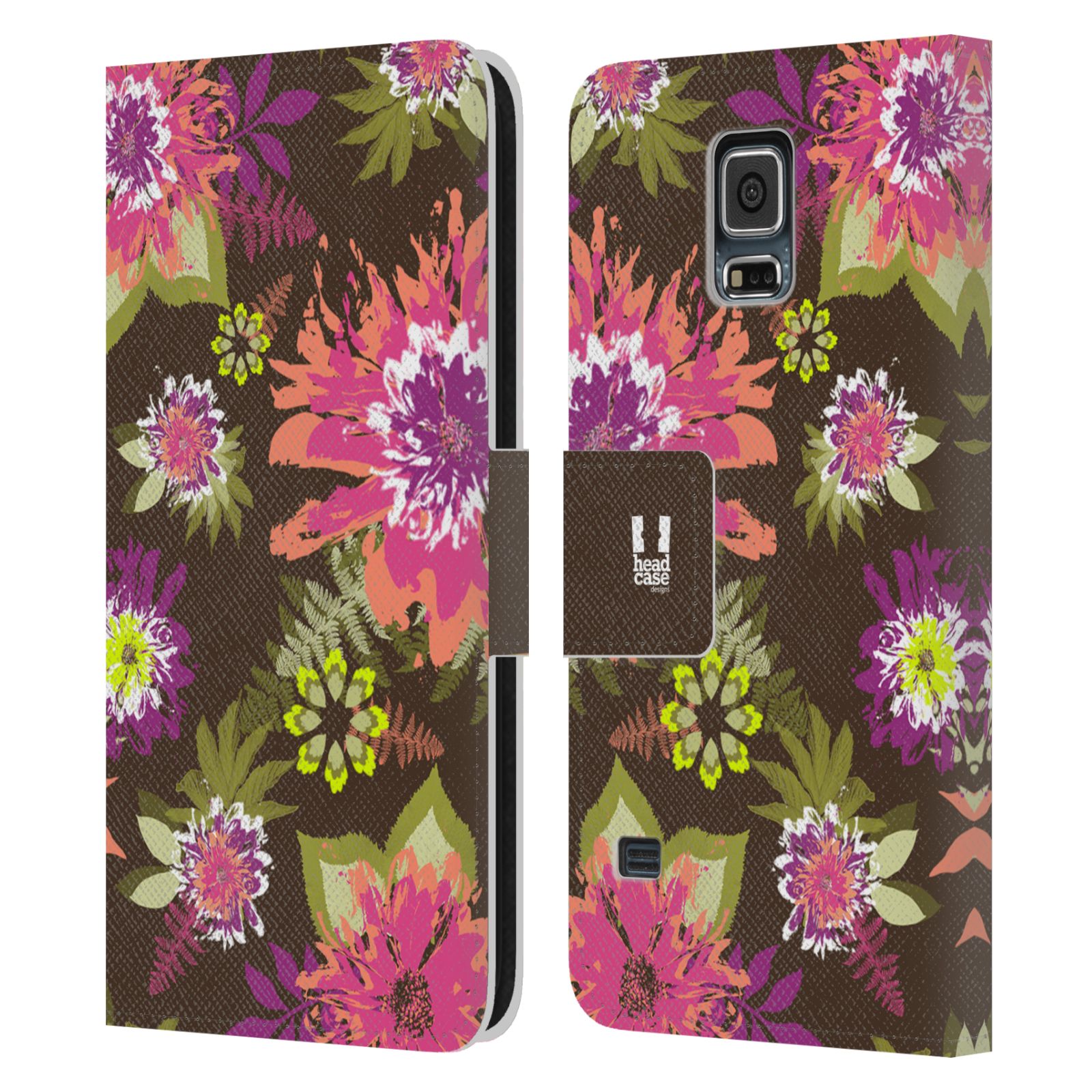 HEAD CASE Flipové pouzdro pro mobil Samsung Galaxy S5 / S5 NEO BOTANIKA barevné květy zelená