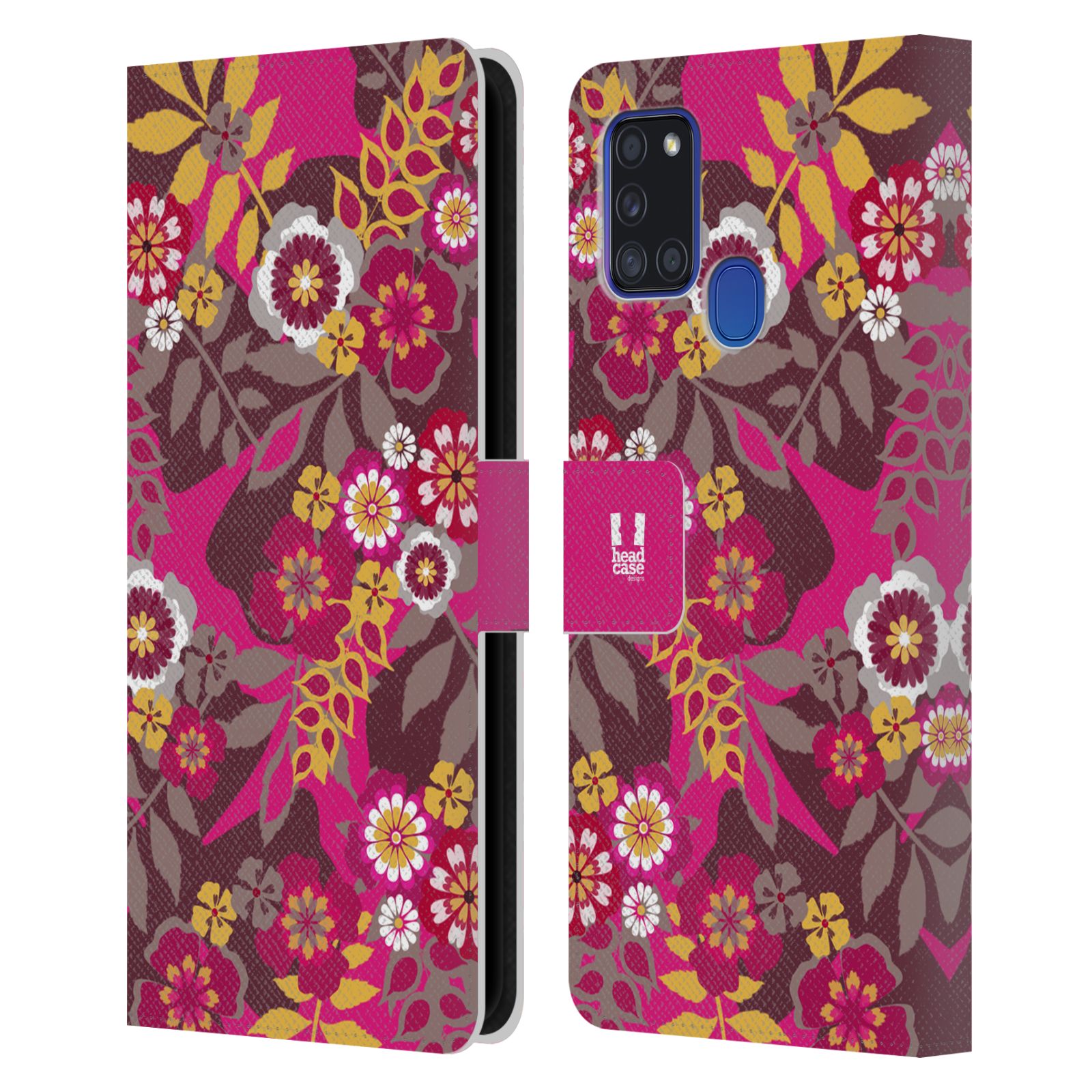 HEAD CASE Flipové pouzdro pro mobil Samsung Galaxy A21s BOTANIKA růžová a hnědá
