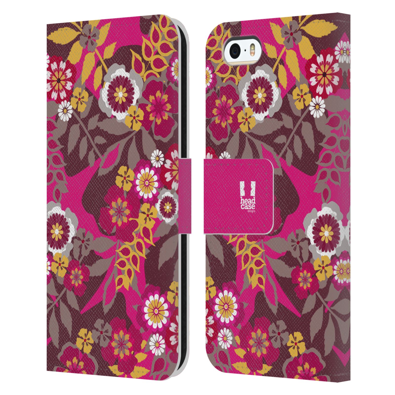 HEAD CASE Flipové pouzdro pro mobil Apple Iphone 5/5s BOTANIKA růžová a hnědá