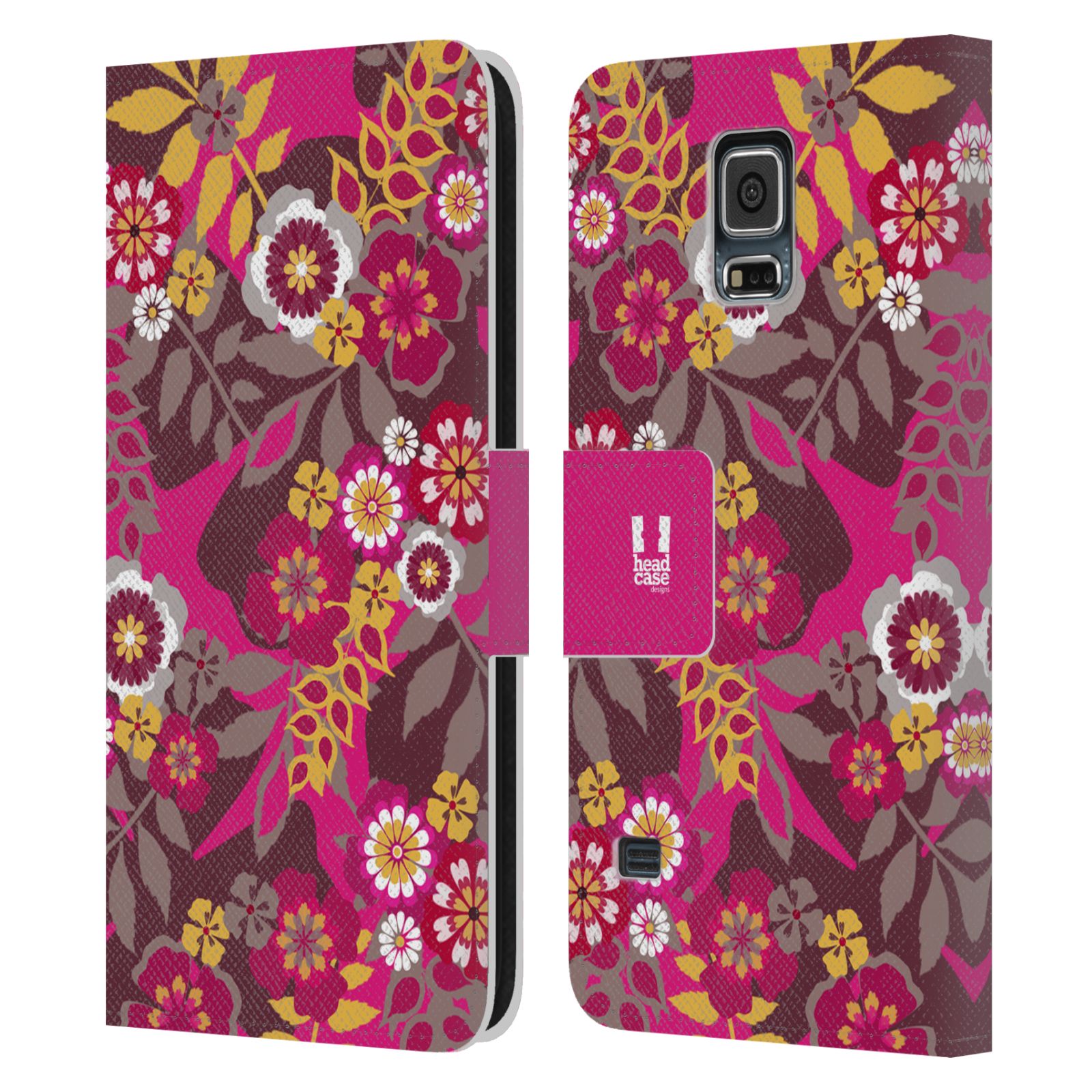 HEAD CASE Flipové pouzdro pro mobil Samsung Galaxy S5 / S5 NEO BOTANIKA růžová a hnědá