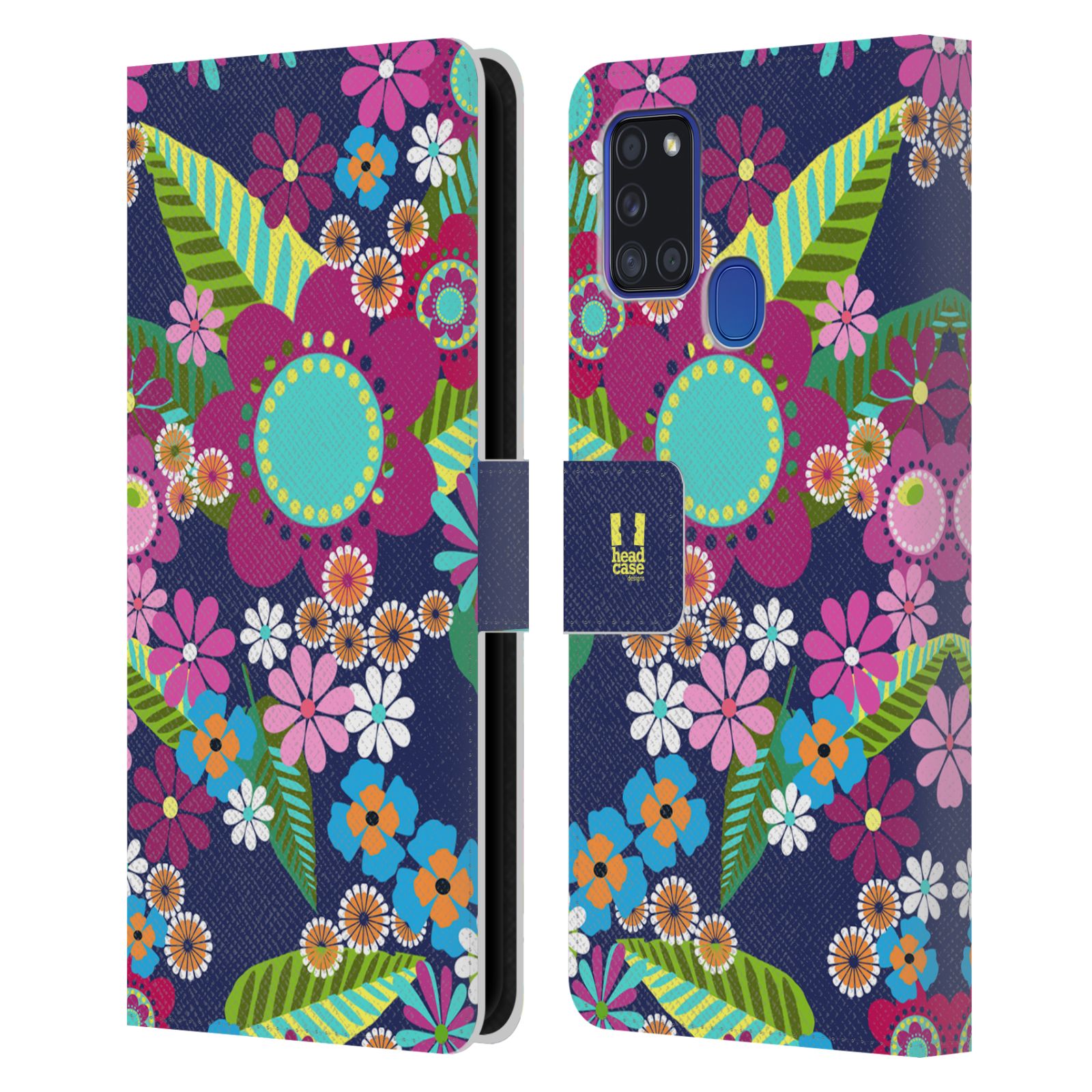 HEAD CASE Flipové pouzdro pro mobil Samsung Galaxy A21s BOTANIKA barevné květy modrá