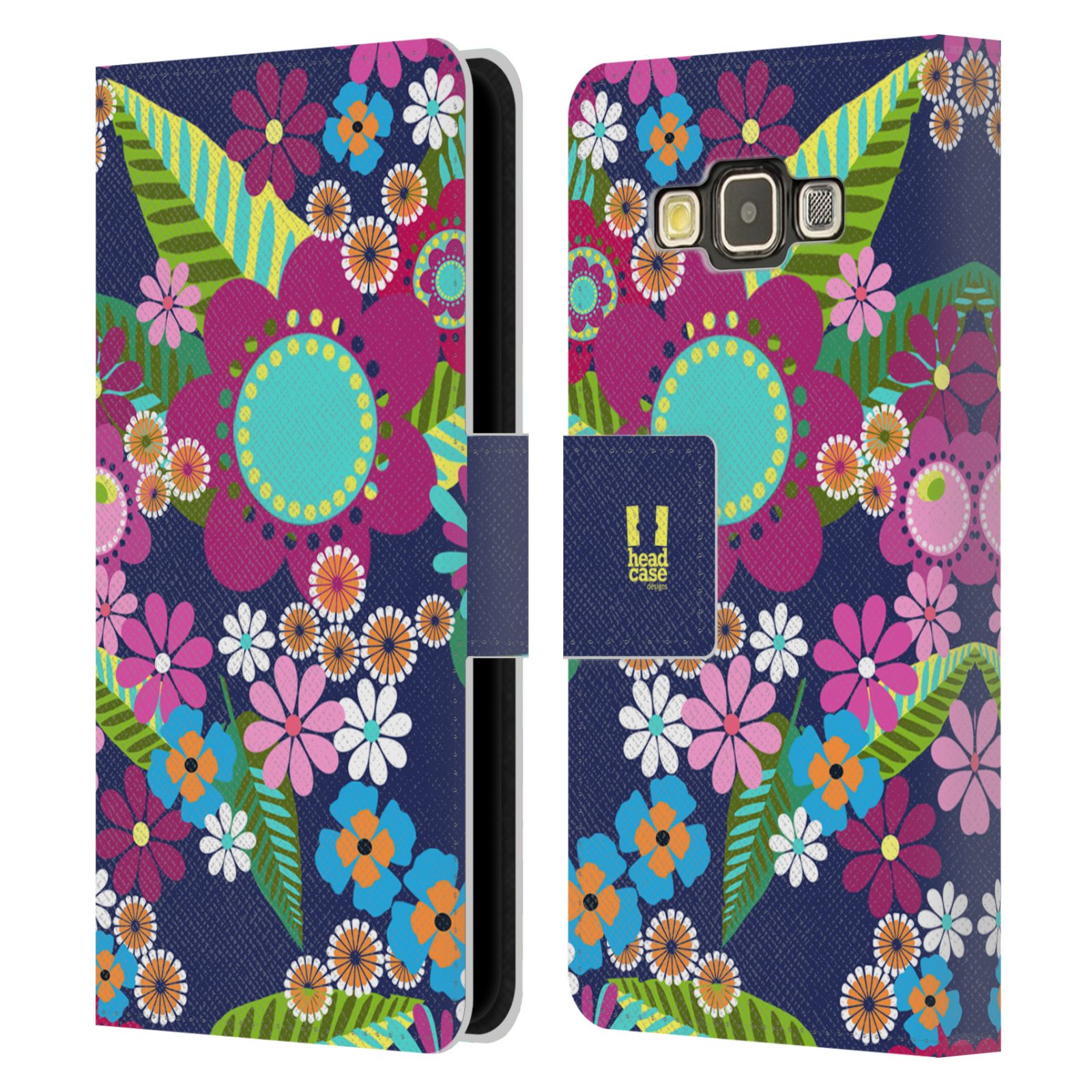HEAD CASE Flipové pouzdro pro mobil Samsung Galaxy A3 BOTANIKA barevné květy modrá