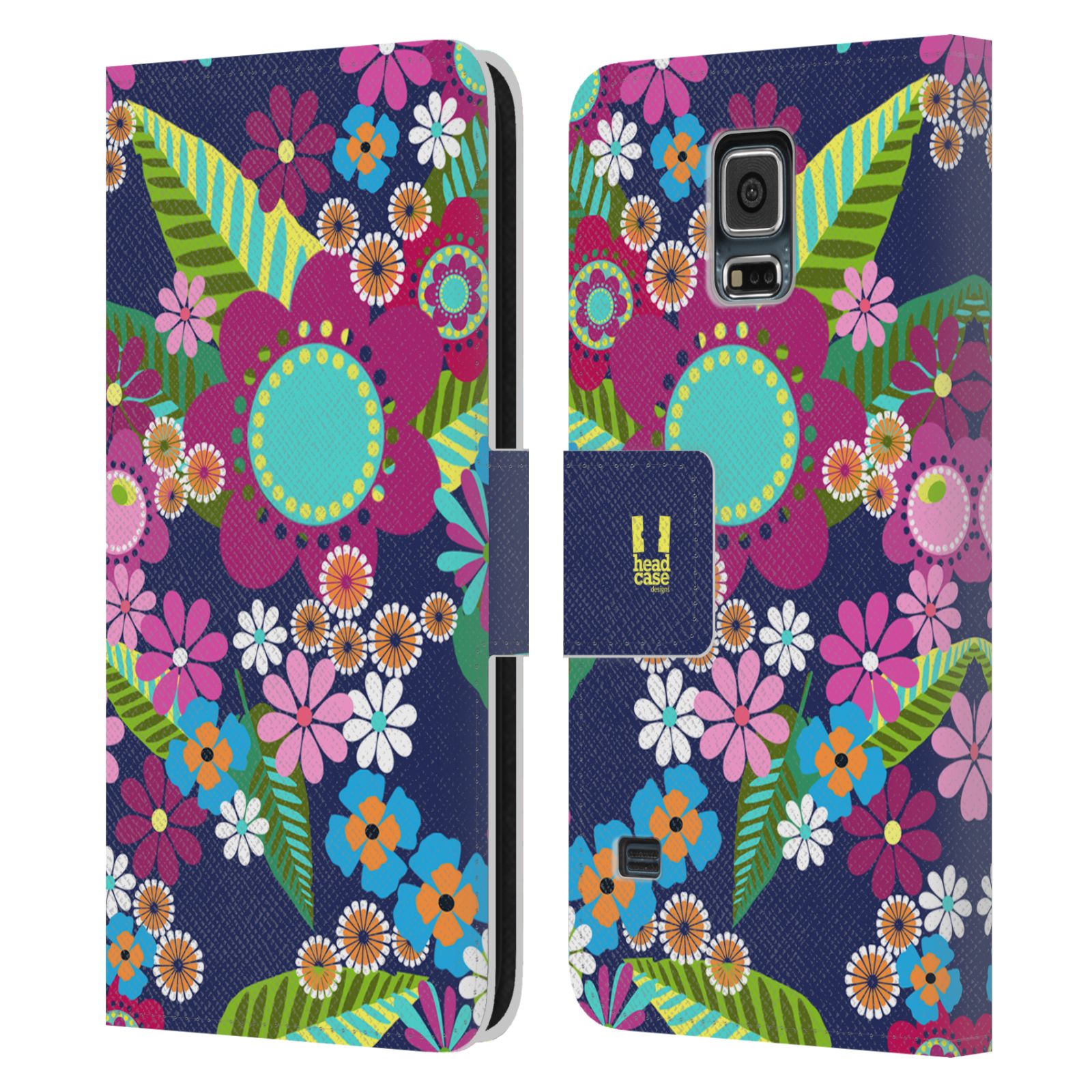 HEAD CASE Flipové pouzdro pro mobil Samsung Galaxy S5 / S5 NEO BOTANIKA barevné květy modrá